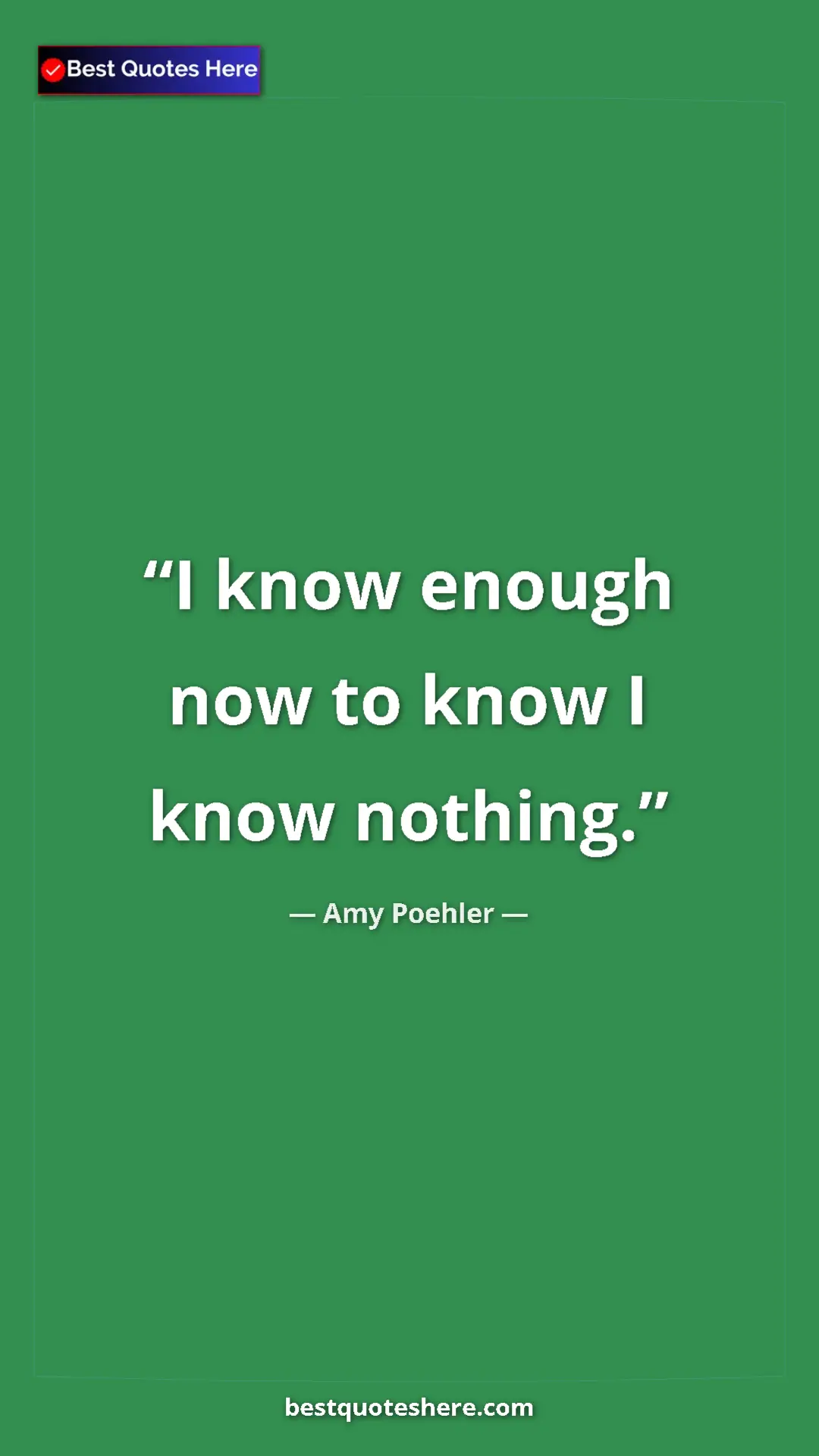 Amy Poehler Quote Card: "I know enough now to know I know nothing." Pinterest quote poster by Amy Poehler: "I know enough now to know I know nothing."