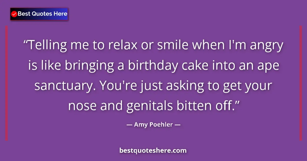 Quote by Amy Poehler: Telling me to relax or smile when I'm angry is like bringing a birthday cake into an ape sanctuary. ...