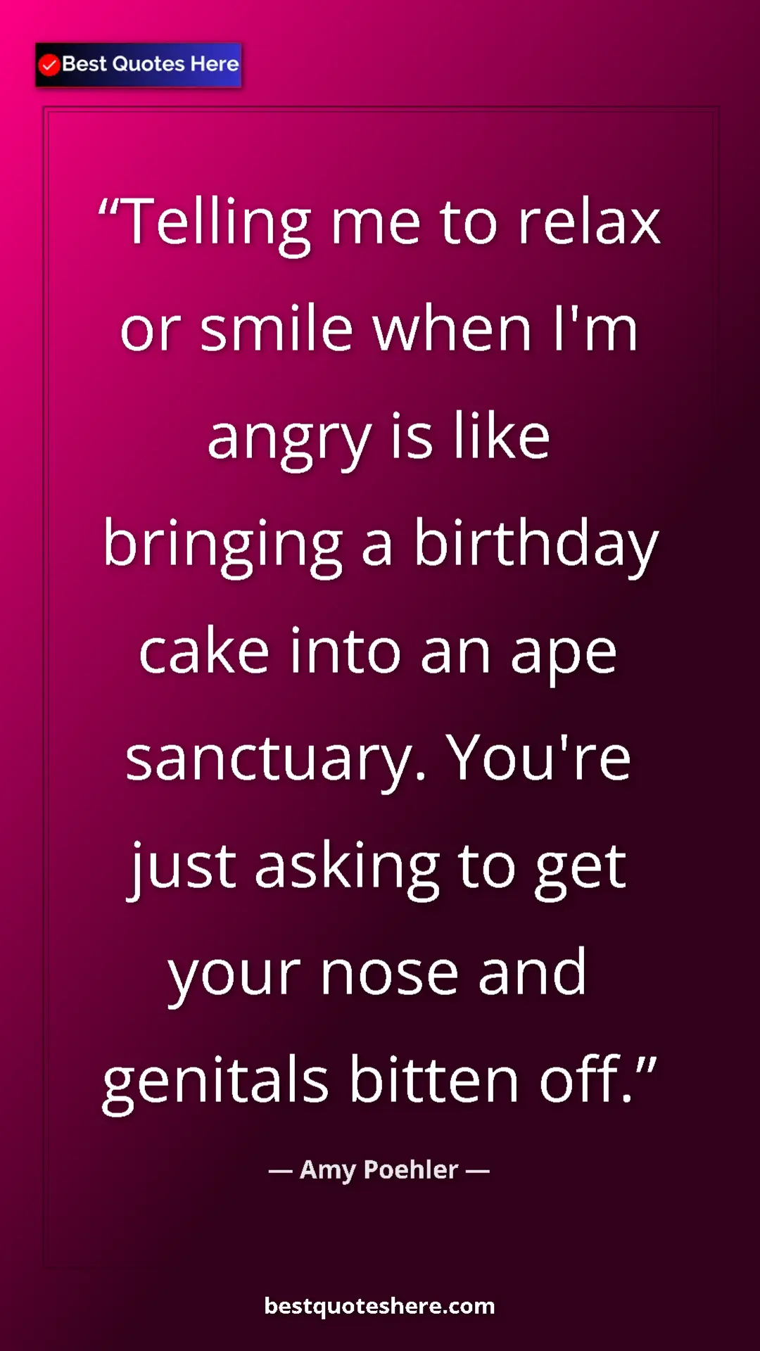 Amy Poehler Quote Card: "Telling me to relax or smile when I'm angry is like..." Pinterest quote poster by Amy Poehler: "Telling me to relax or smile when I'm angry is like..."