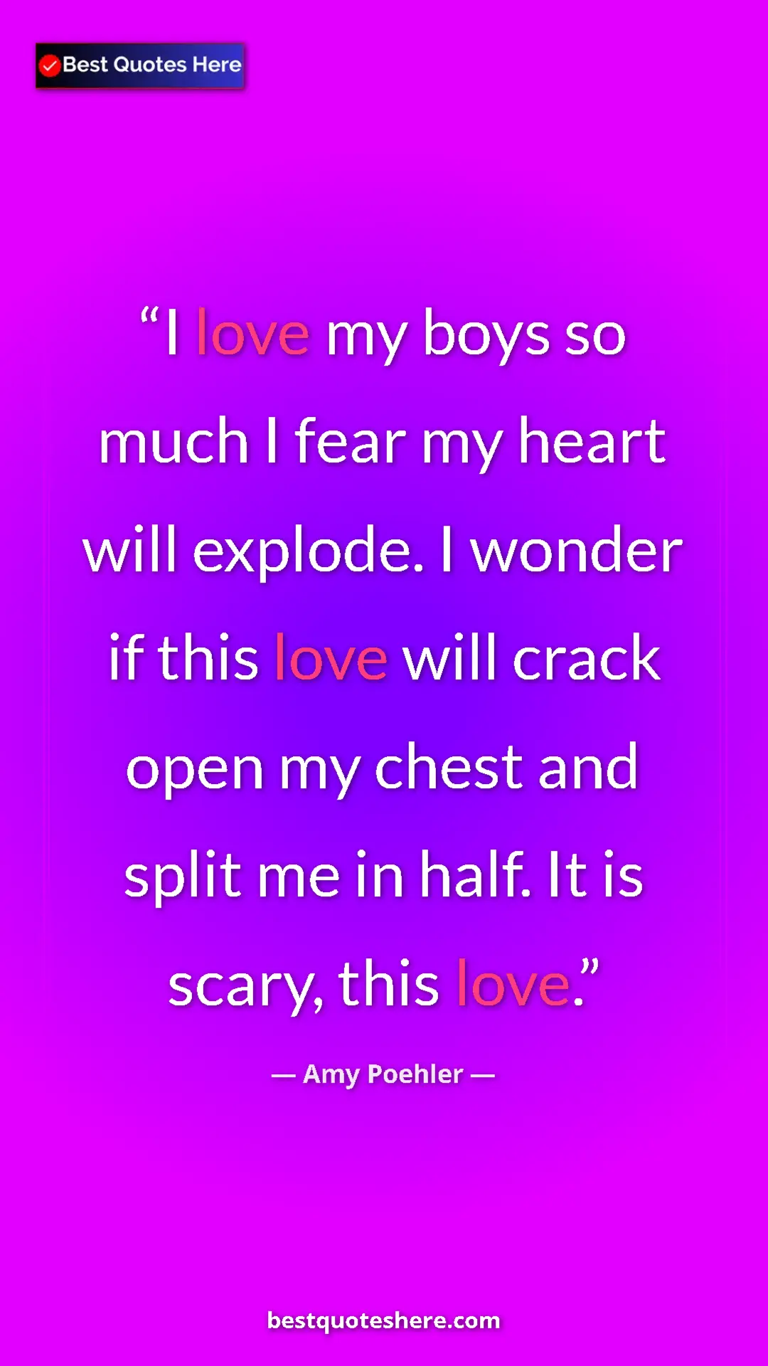 Amy Poehler Quote Card: "I love my boys so much I fear my heart will explode. I..." Pinterest quote poster by Amy Poehler: "I love my boys so much I fear my heart will explode. I..."
