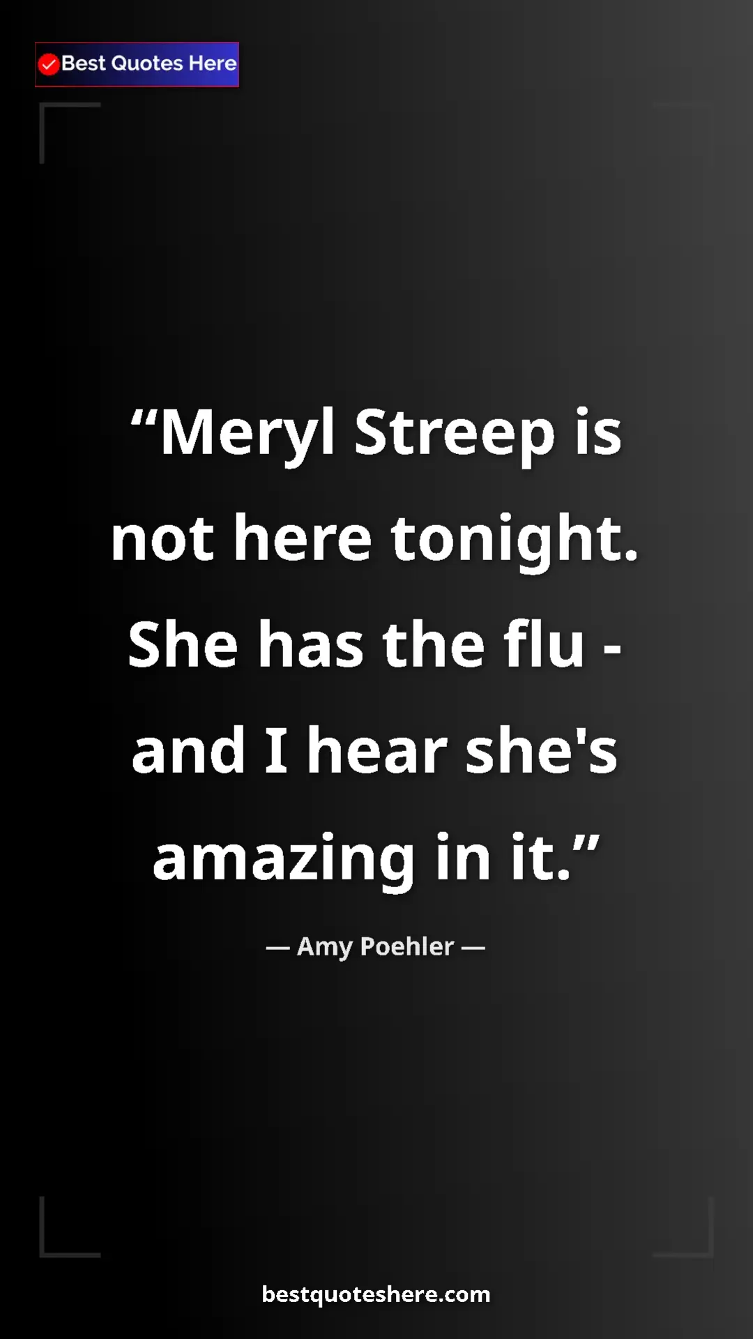 Amy Poehler Quote Card: "Meryl Streep is not here tonight. She has the flu - and I..." Pinterest quote poster by Amy Poehler: "Meryl Streep is not here tonight. She has the flu - and I..."
