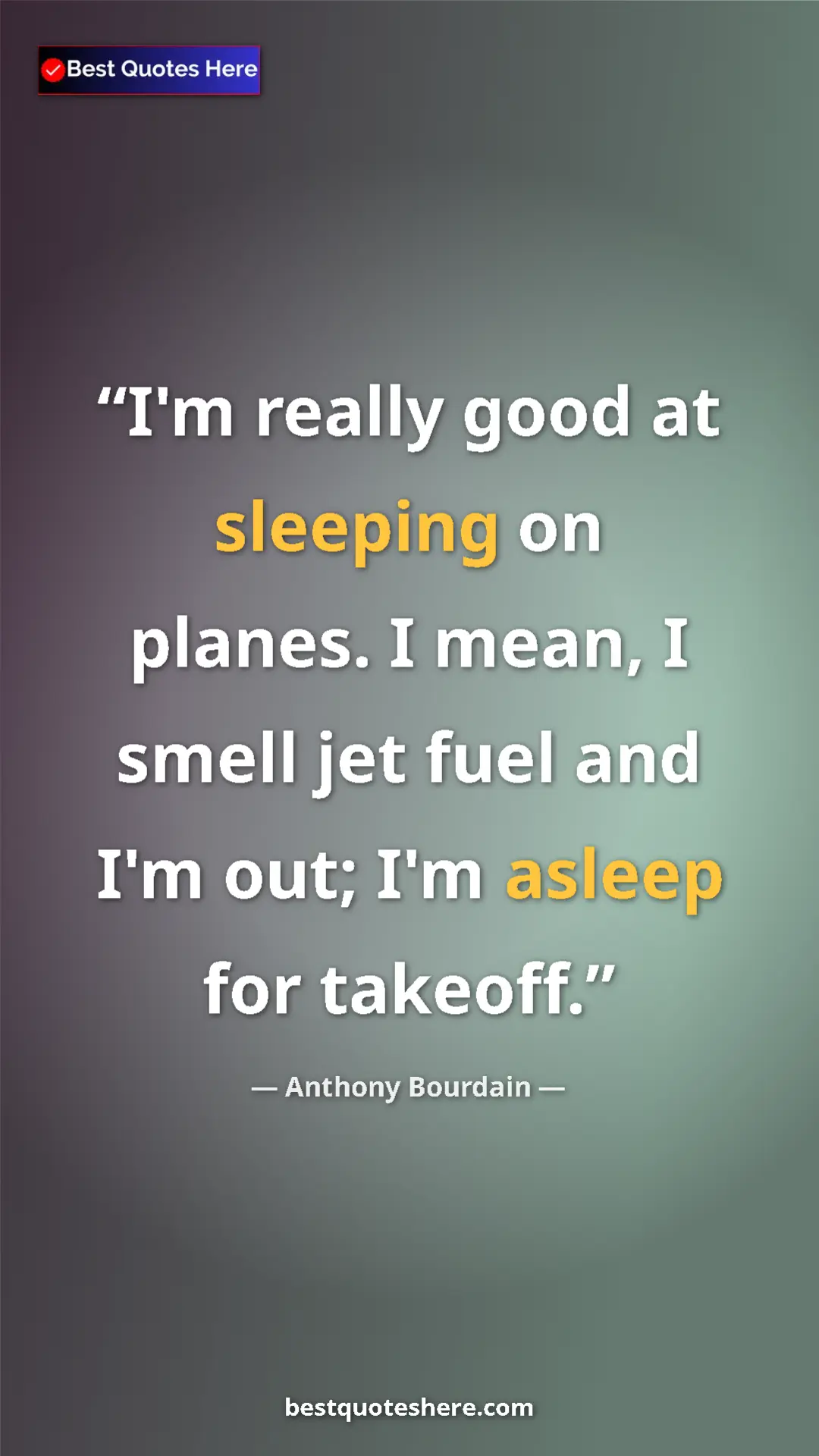 Pinterest quote poster by Anthony Bourdain: "I'm really good at sleeping on planes. I mean, I smell jet..."