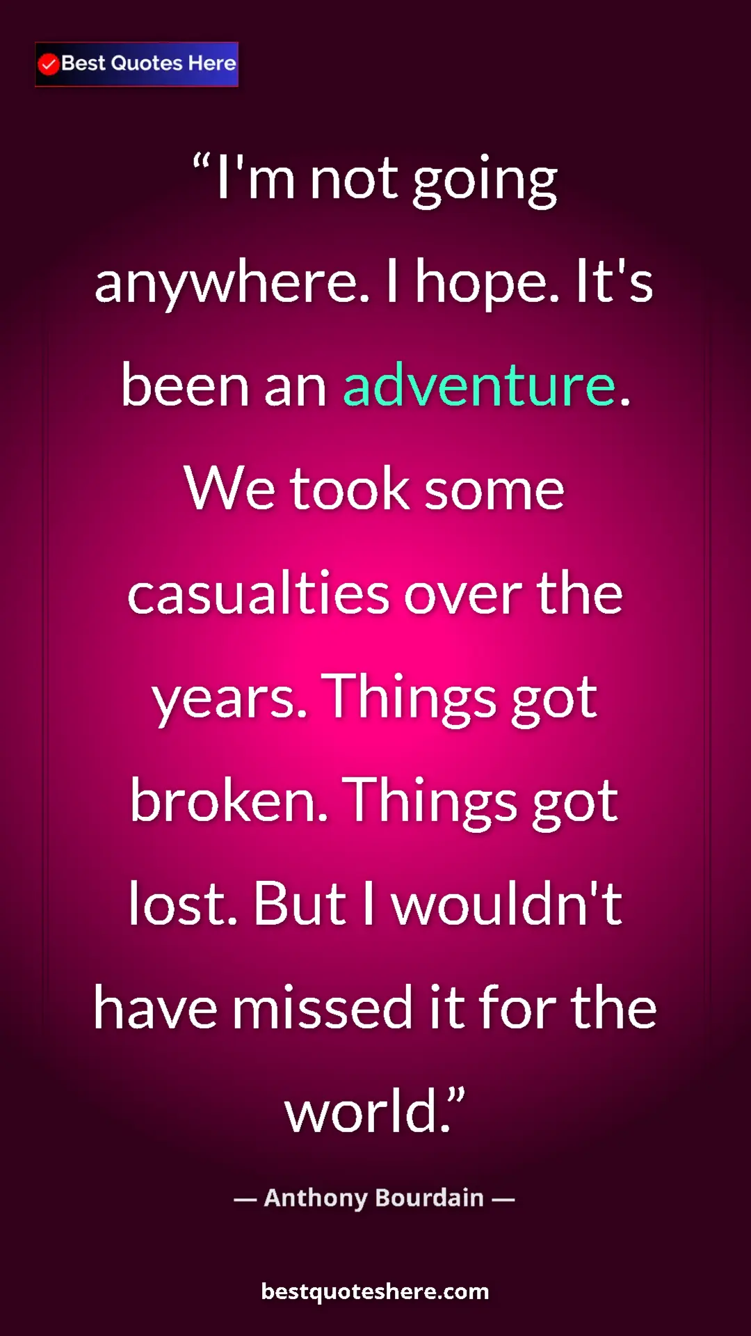 Pinterest quote poster by Anthony Bourdain: "I'm not going anywhere. I hope. It's been an adventure. We..."