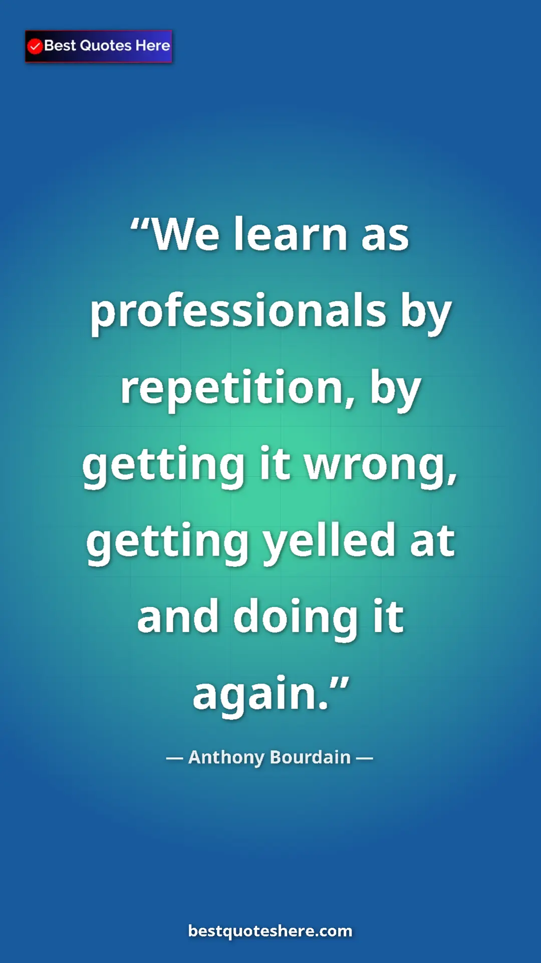 Pinterest quote poster by Anthony Bourdain: "We learn as professionals by repetition, by getting it wrong"