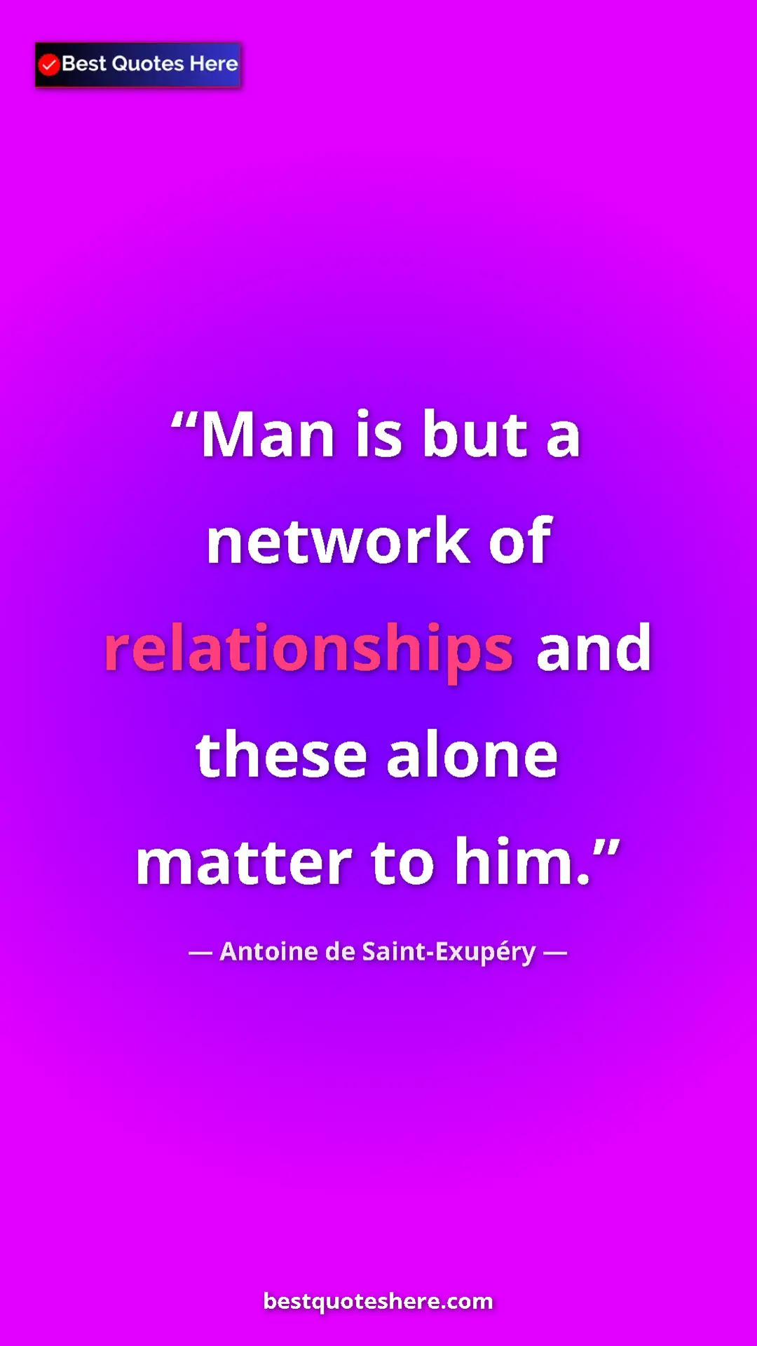 Pinterest quote poster by Antoine de Saint-Exupéry: "Man is but a network of relationships and these alone..."