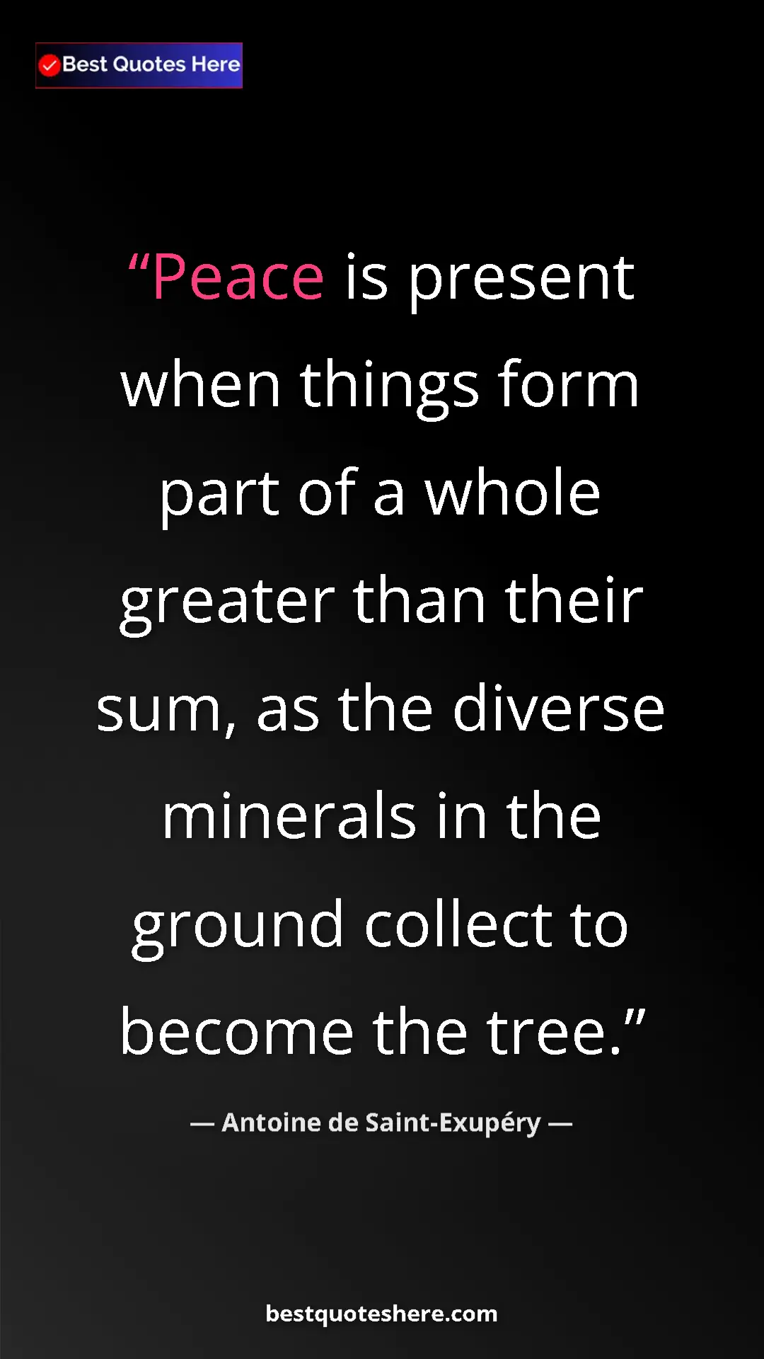 Pinterest quote poster by Antoine de Saint-Exupéry: "Peace is present when things form part of a whole greater..."
