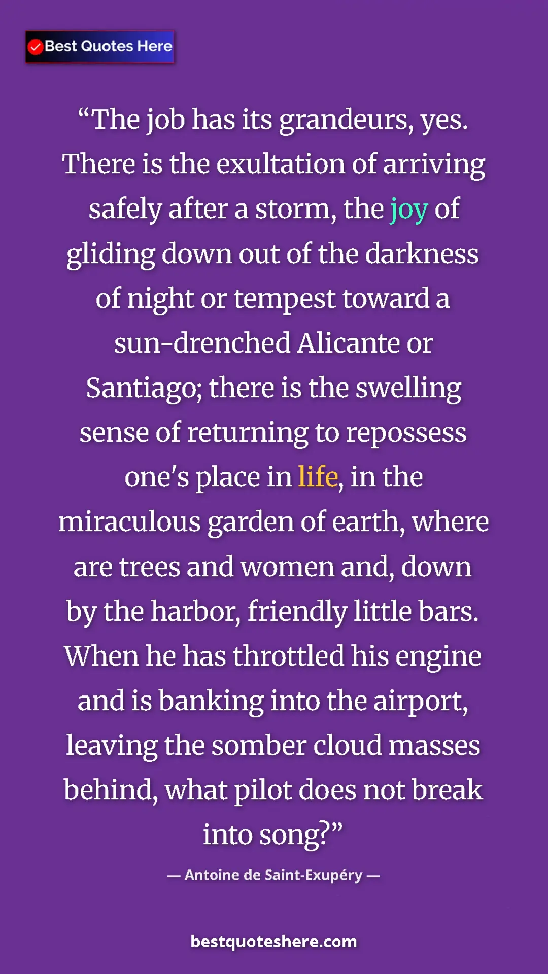 Pinterest quote poster by Antoine de Saint-Exupéry: "The job has its grandeurs, yes. There is the exultation of..."