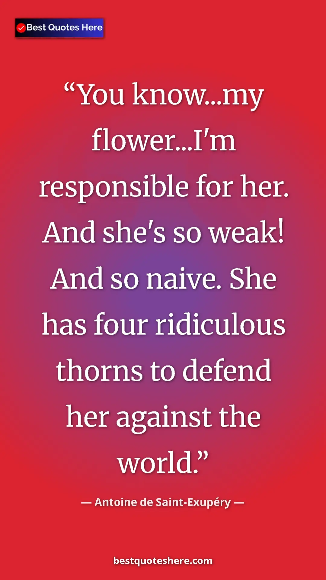 Pinterest quote poster by Antoine de Saint-Exupéry: "You know...my flower...I'm responsible for her. And she's..."