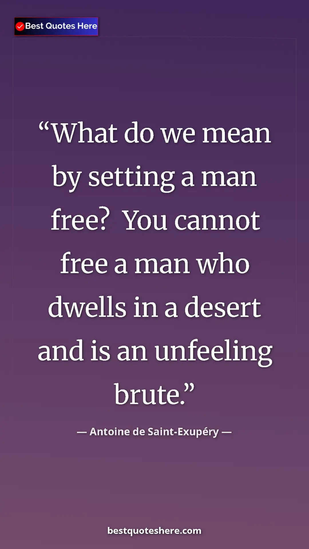 Pinterest quote poster by Antoine de Saint-Exupéry: "What do we mean by setting a man free?  You cannot free a..."