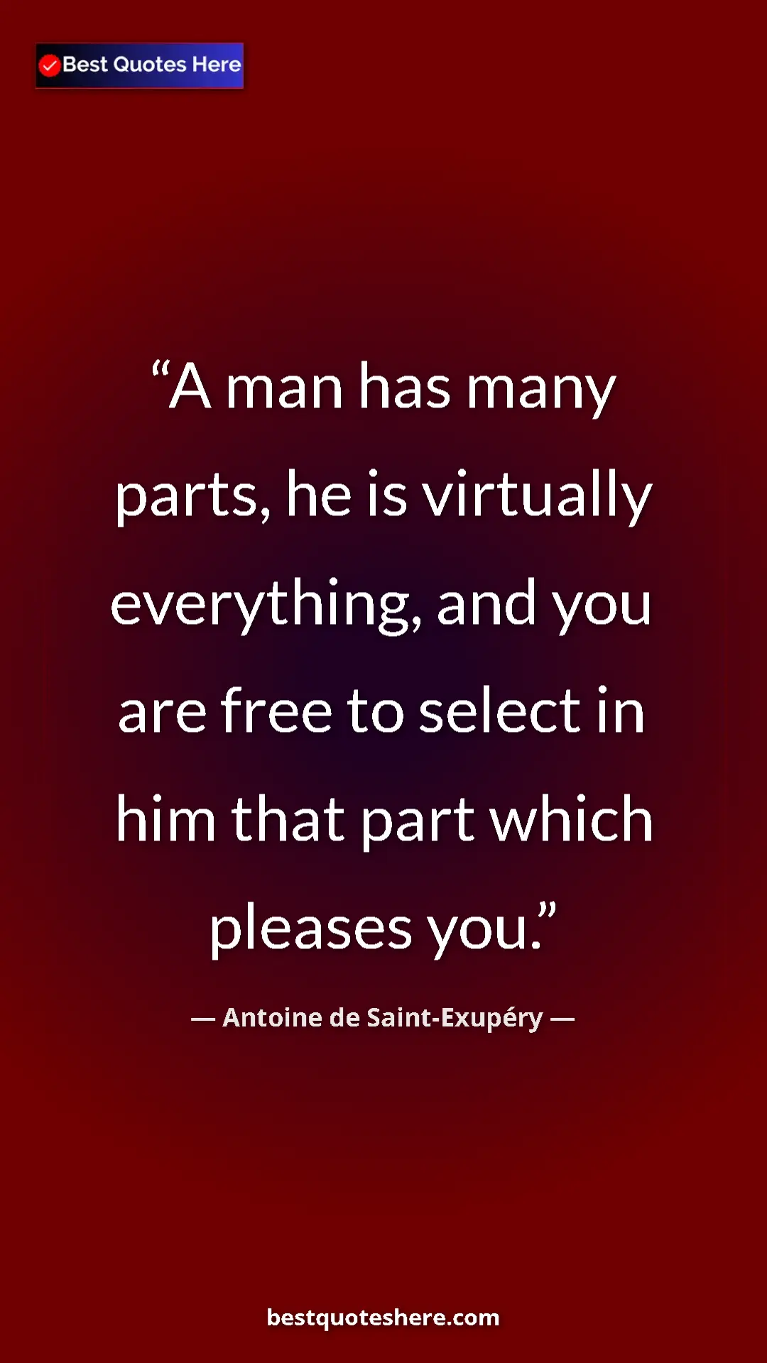 Pinterest quote poster by Antoine de Saint-Exupéry: "A man has many parts, he is virtually everything, and you..."