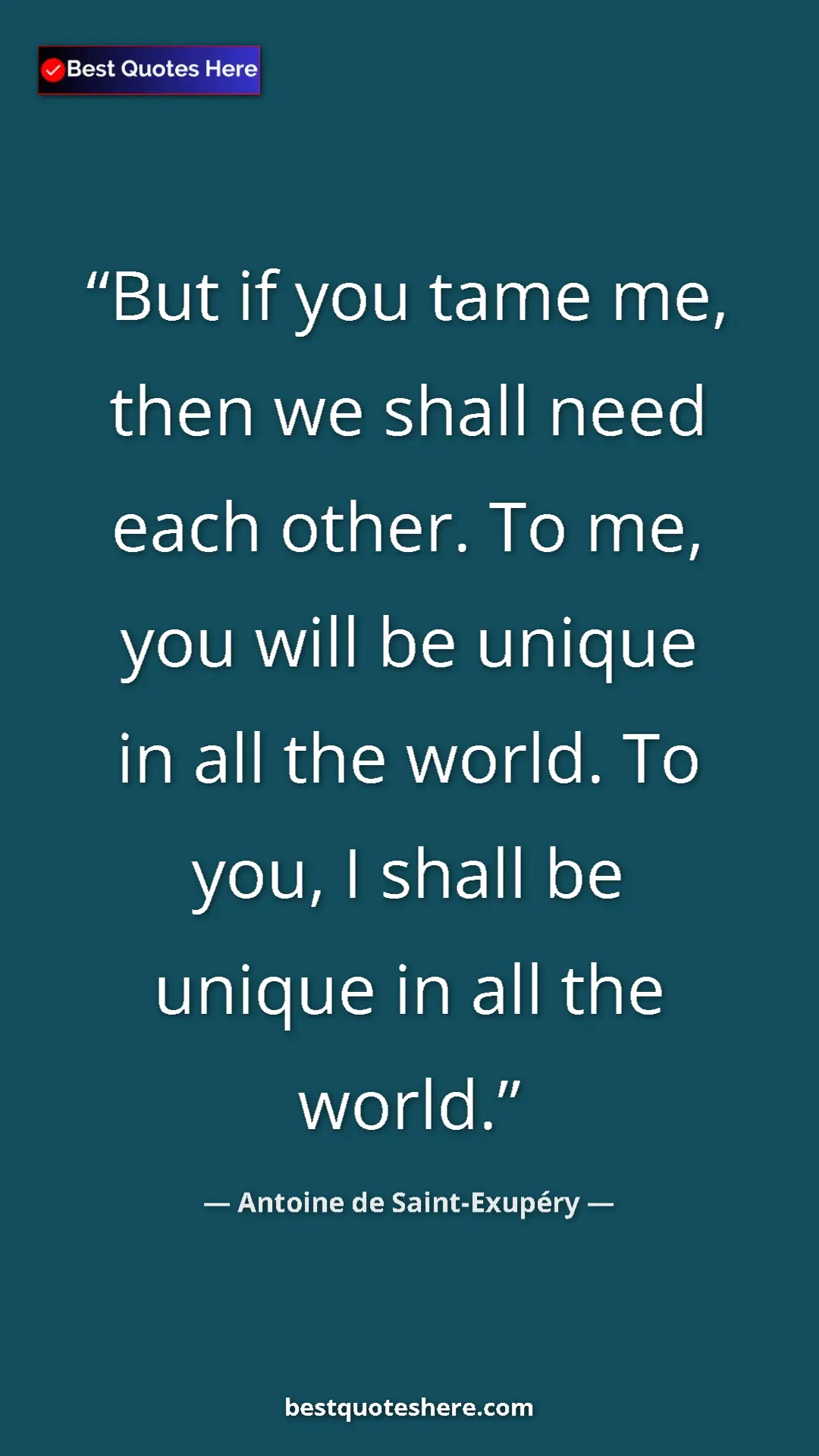Pinterest quote poster by Antoine de Saint-Exupéry: "But if you tame me, then we shall need each other. To me,..."