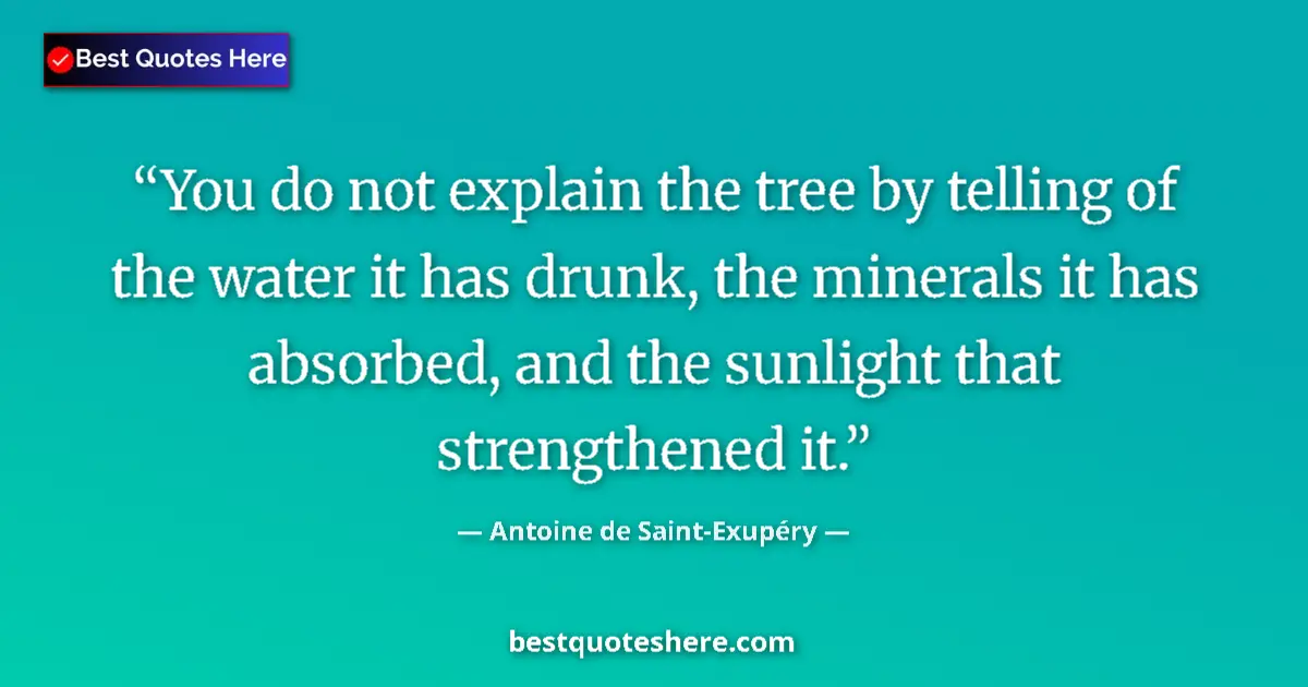 Quote by Antoine de Saint-Exupéry: You do not explain the tree by telling of the water it has drunk, the minerals it has absorbed, and ...