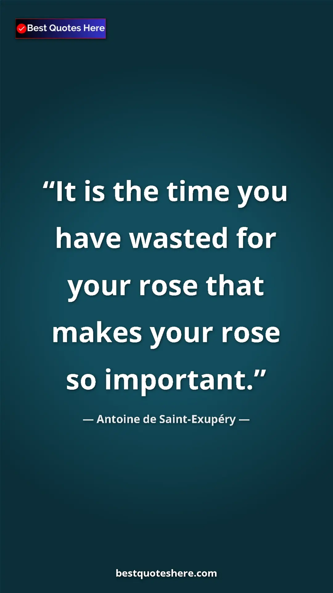 Pinterest quote poster by Antoine de Saint-Exupéry: "It is the time you have wasted for your rose that makes..."