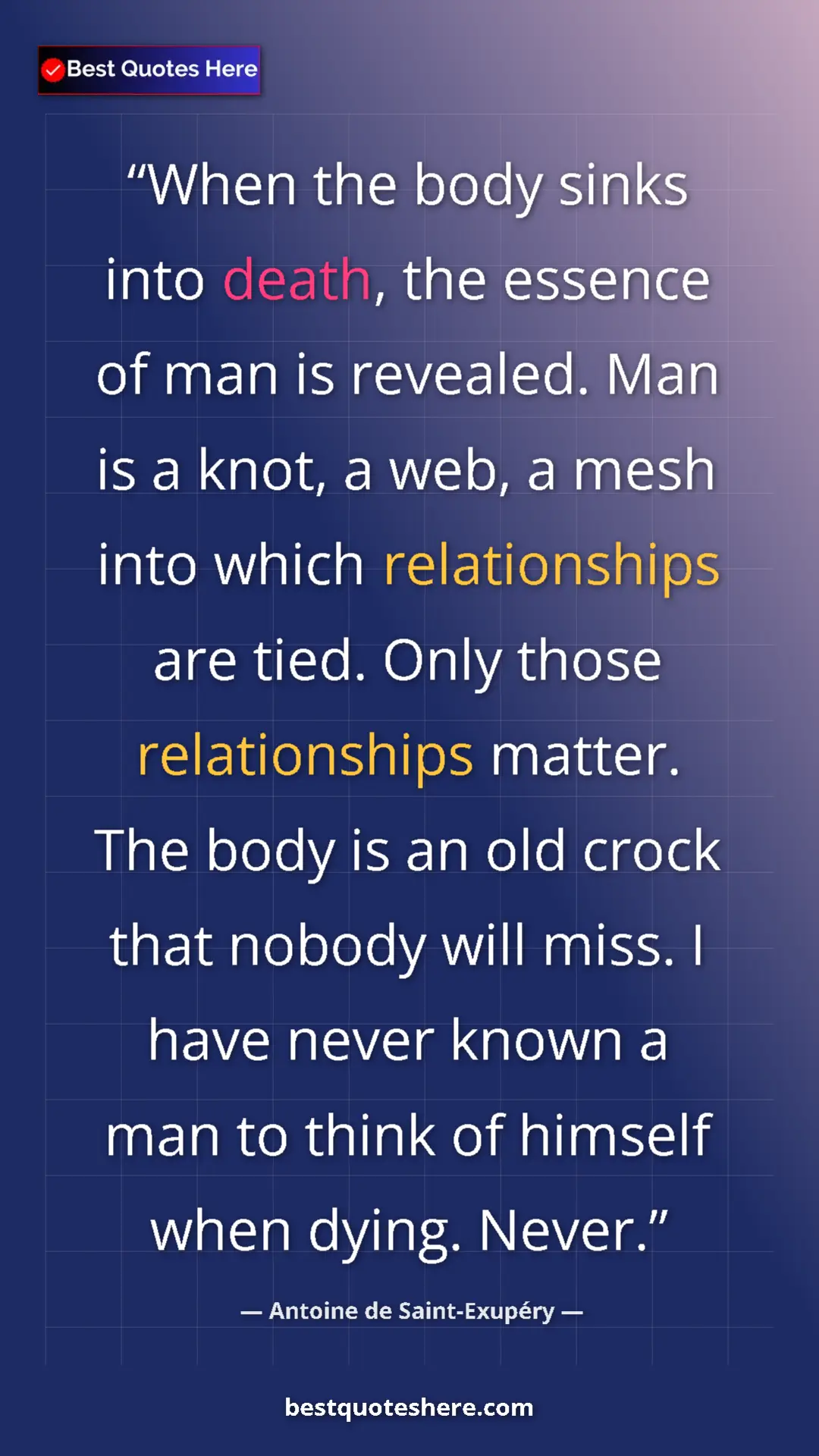 Antoine de Saint-Exupéry Quote Card: "When the body sinks into death, the essence of man is..." Pinterest quote poster by Antoine de Saint-Exupéry: "When the body sinks into death, the essence of man is..."