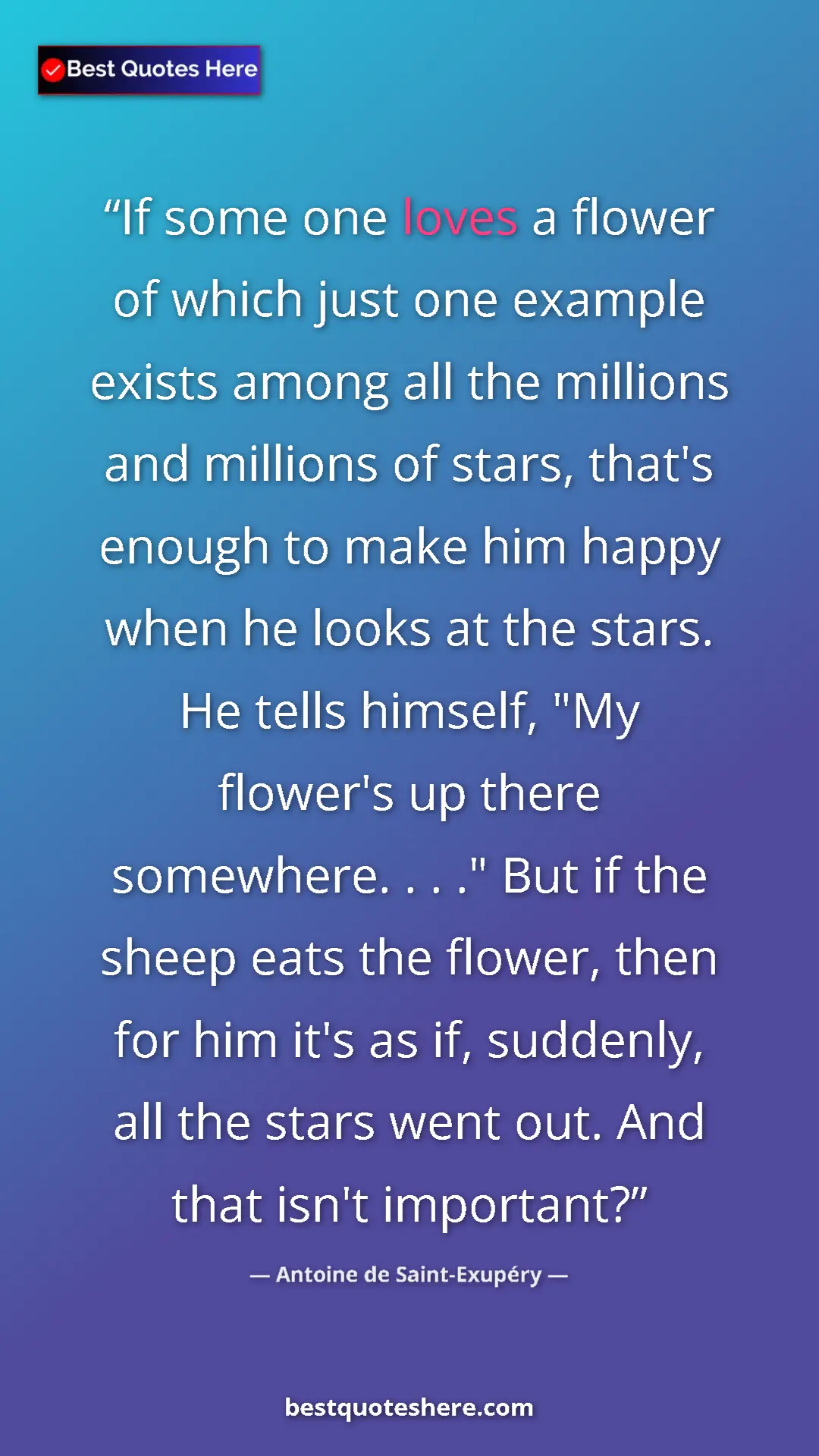 Antoine de Saint-Exupéry Quote Card: "If some one loves a flower of which just one example exists..." Pinterest quote poster by Antoine de Saint-Exupéry: "If some one loves a flower of which just one example exists..."