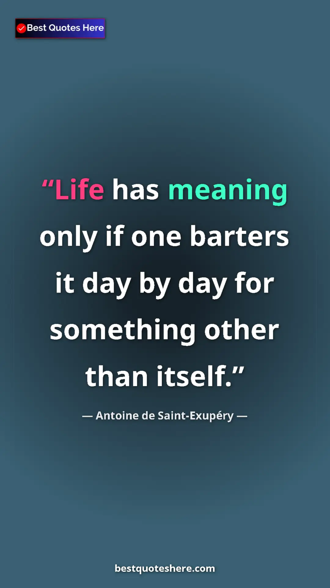Pinterest quote poster by Antoine de Saint-Exupéry: "Life has meaning only if one barters it day by day for..."