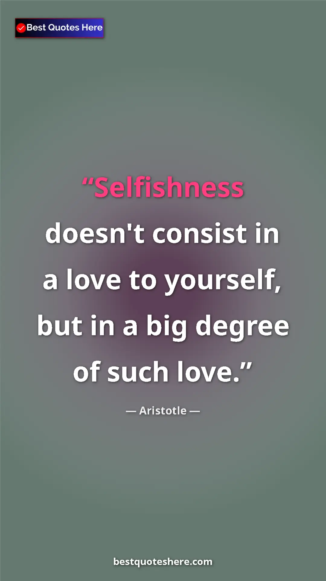 Pinterest quote poster by Aristotle: "Selfishness doesn't consist in a love to yourself, but in a..."