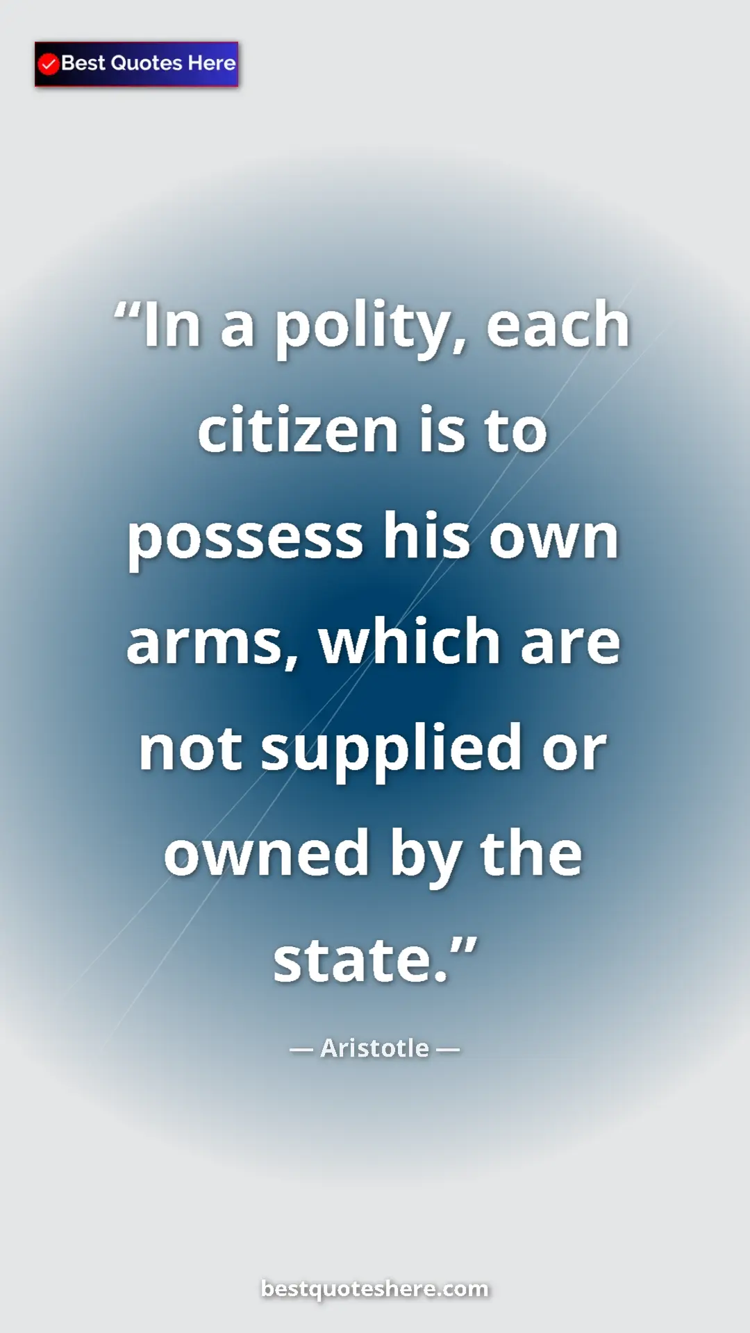 Aristotle Quote Card: "In a polity, each citizen is to possess his own arms, which..." Pinterest quote poster by Aristotle: "In a polity, each citizen is to possess his own arms, which..."