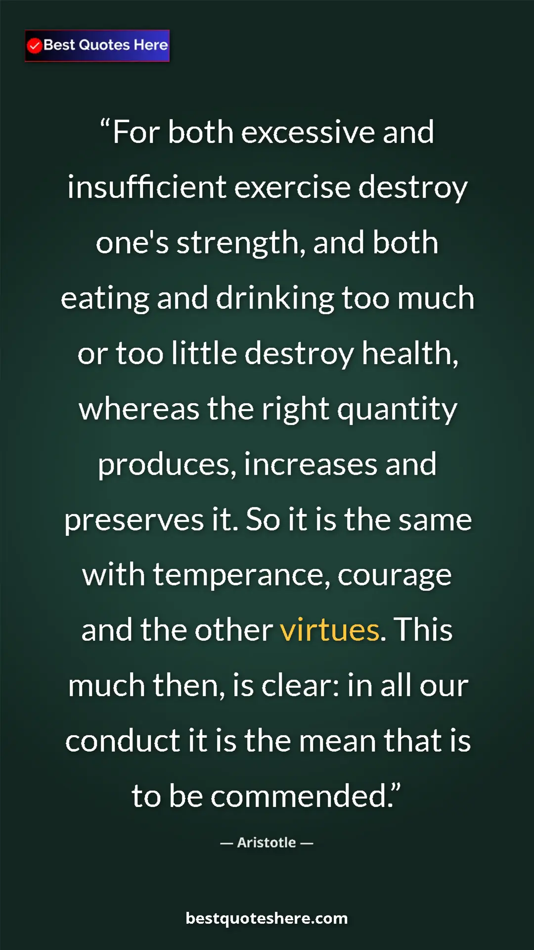 Aristotle Quote Card: "For both excessive and insufficient exercise destroy one's..." Pinterest quote poster by Aristotle: "For both excessive and insufficient exercise destroy one's..."