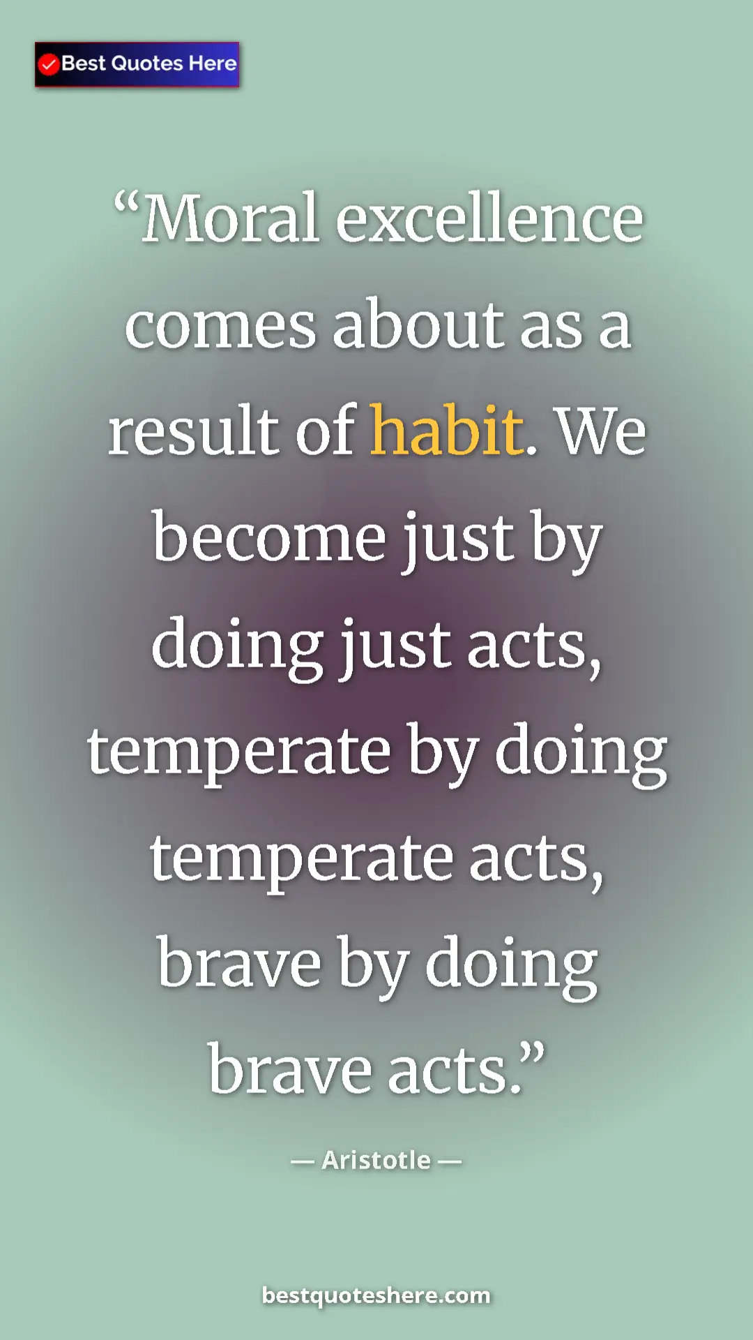 Aristotle Quote Card: "Moral excellence comes about as a result of habit. We..." Pinterest quote poster by Aristotle: "Moral excellence comes about as a result of habit. We..."