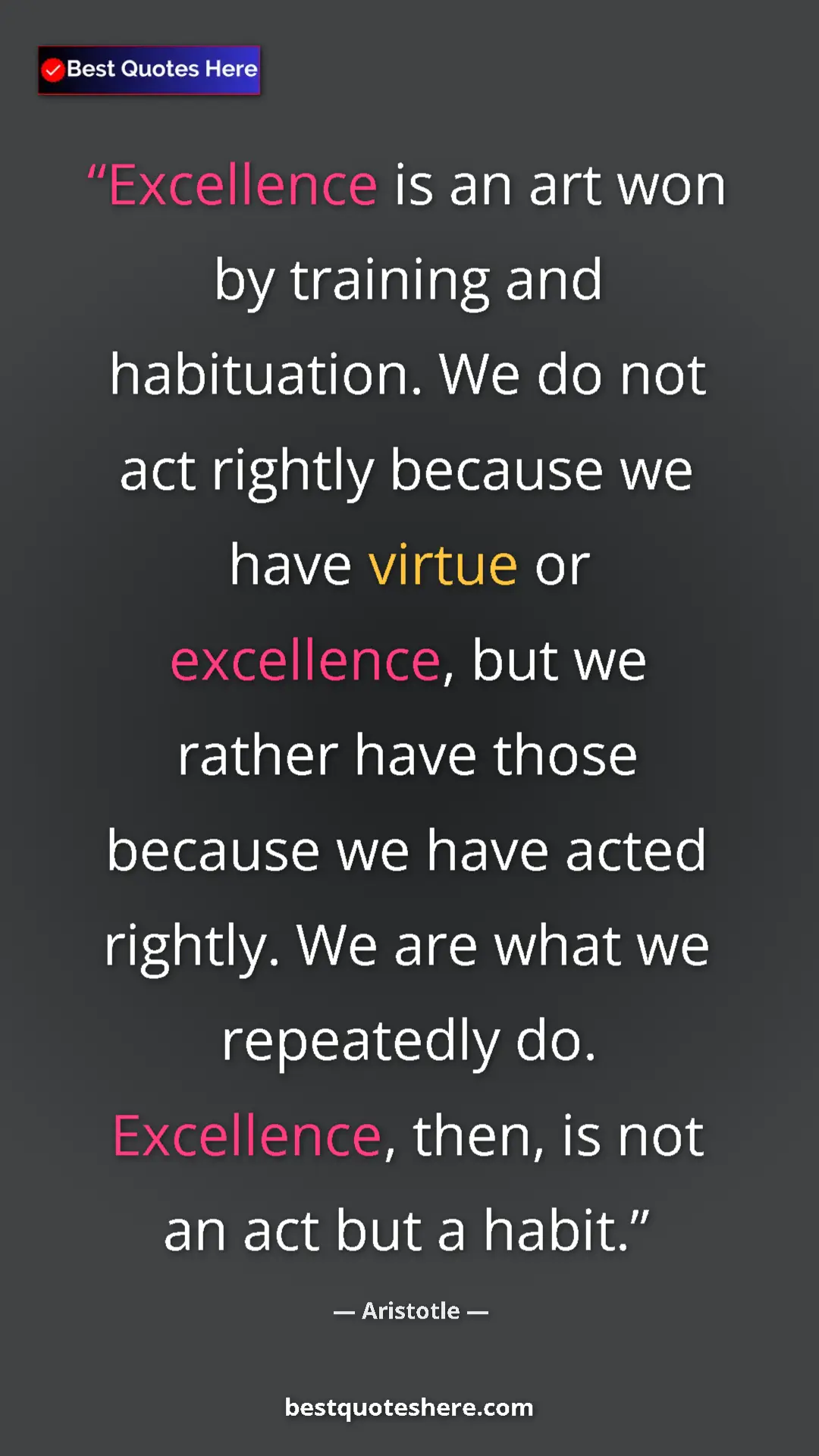 Aristotle Quote Card: "Excellence is an art won by training and habituation. We do..." Pinterest quote poster by Aristotle: "Excellence is an art won by training and habituation. We do..."