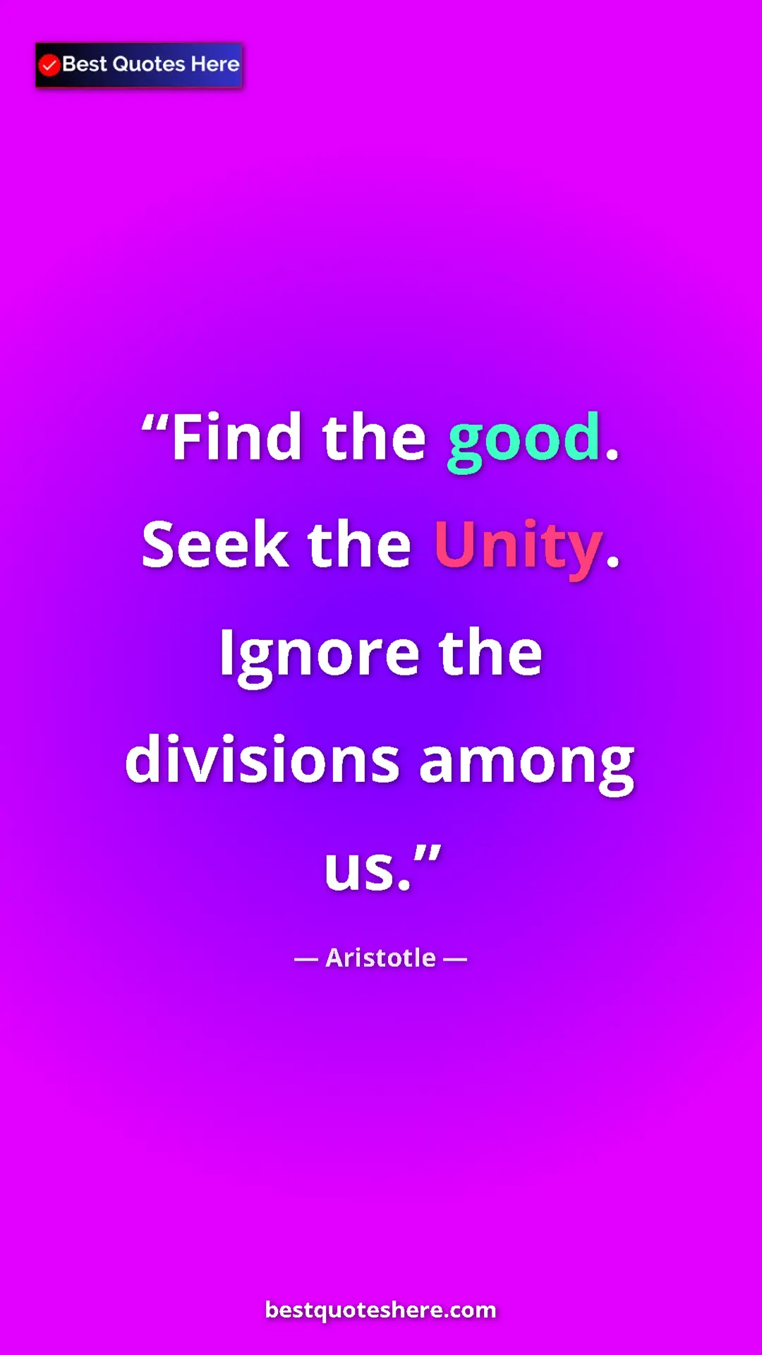 Aristotle Quote Card: "Find the good. Seek the Unity. Ignore the divisions among..." Pinterest quote poster by Aristotle: "Find the good. Seek the Unity. Ignore the divisions among..."