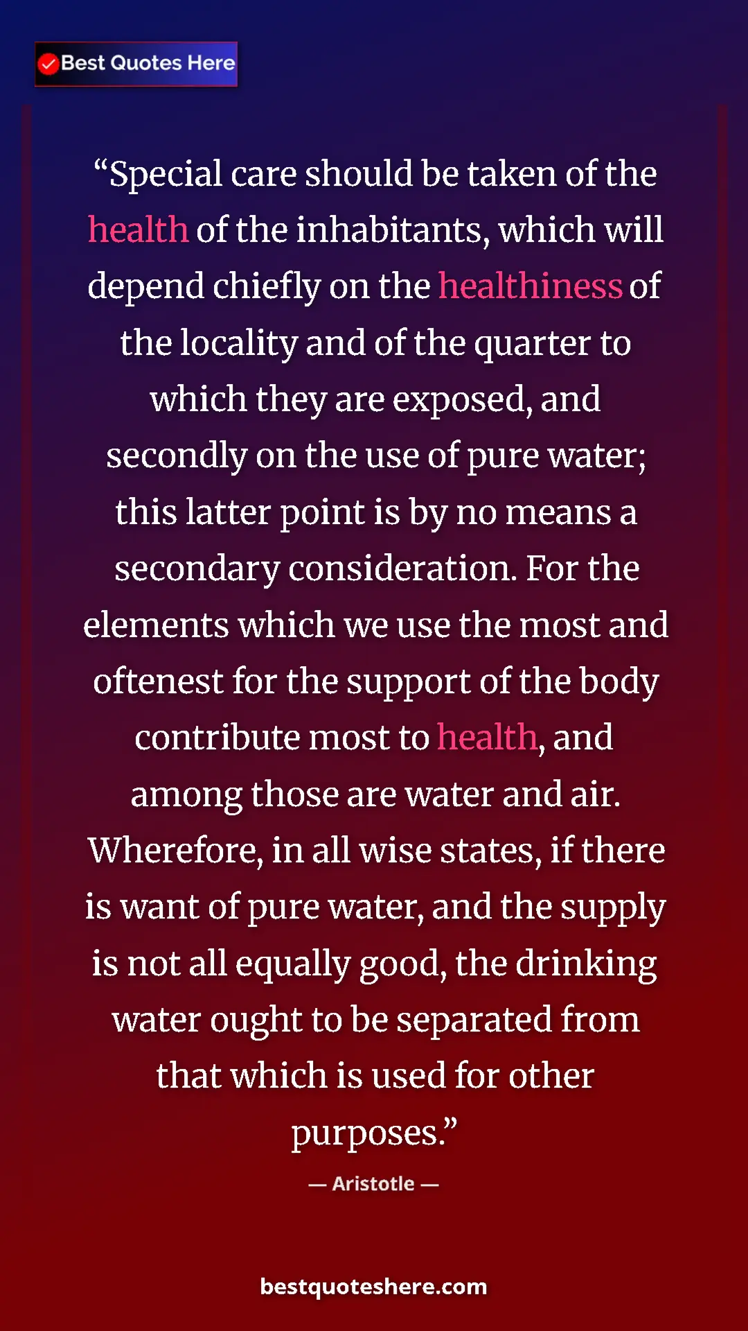 Pinterest quote poster by Aristotle: "Special care should be taken of the health of the..."