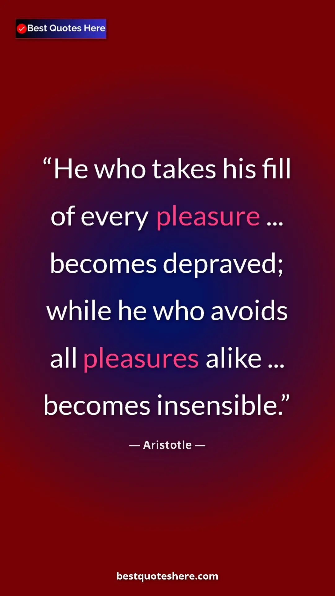 Aristotle Quote Card: "He who takes his fill of every pleasure ... becomes..." Pinterest quote poster by Aristotle: "He who takes his fill of every pleasure ... becomes..."