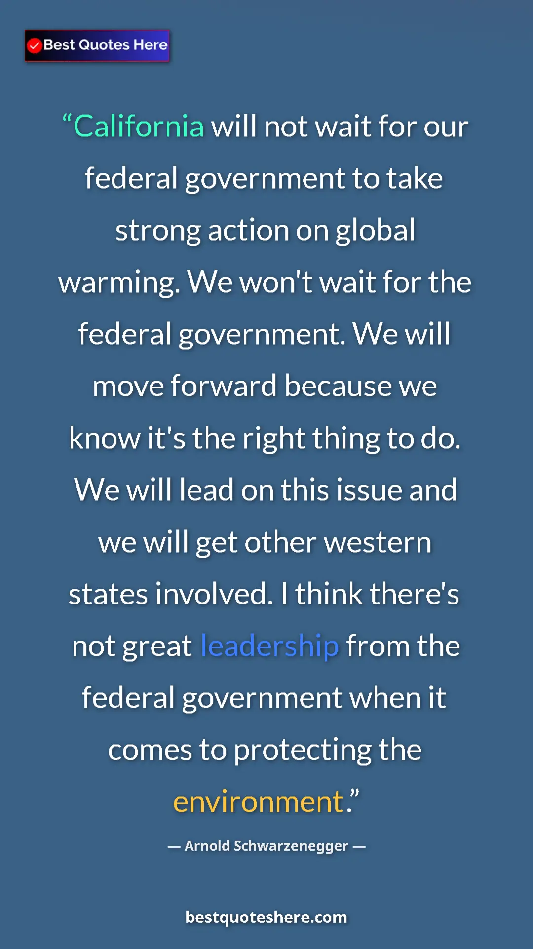 Pinterest quote poster by Arnold Schwarzenegger: "California will not wait for our federal government to take..."