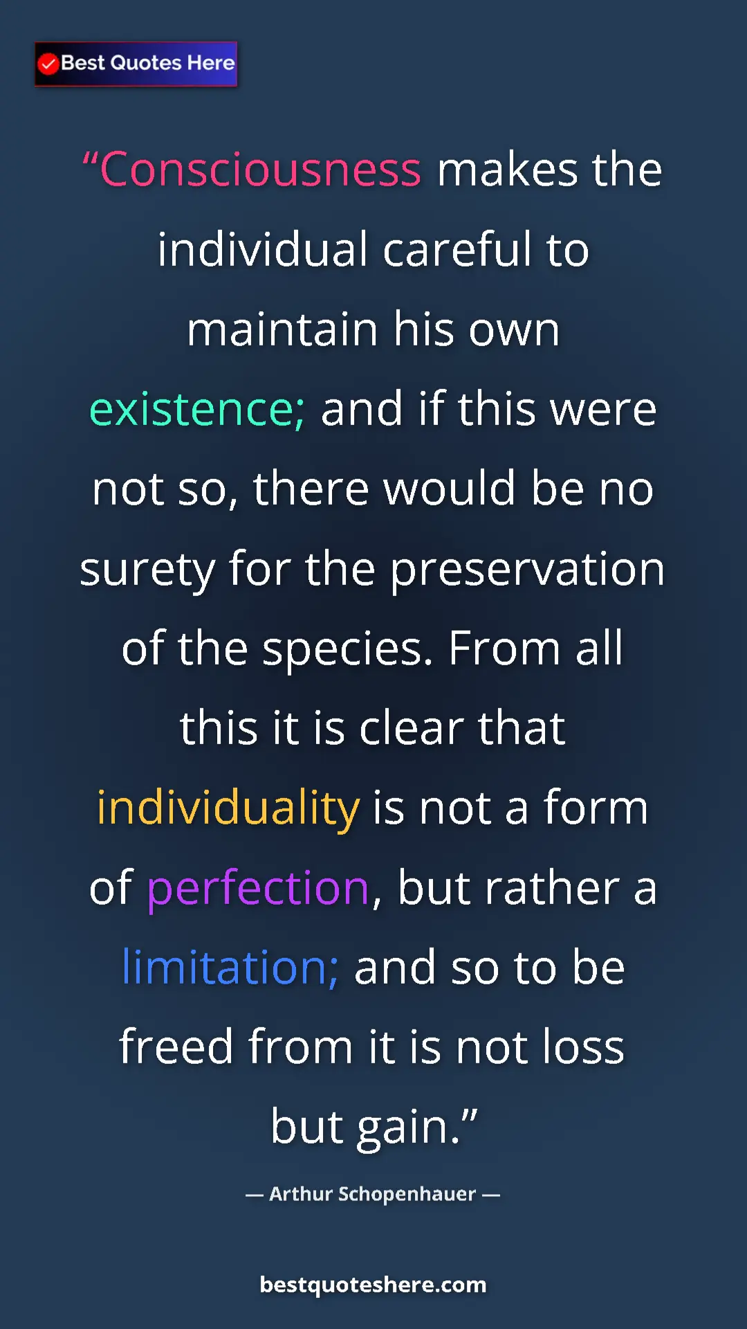Arthur Schopenhauer Quote Card: "Consciousness makes the individual careful to maintain his..." Pinterest quote poster by Arthur Schopenhauer: "Consciousness makes the individual careful to maintain his..."