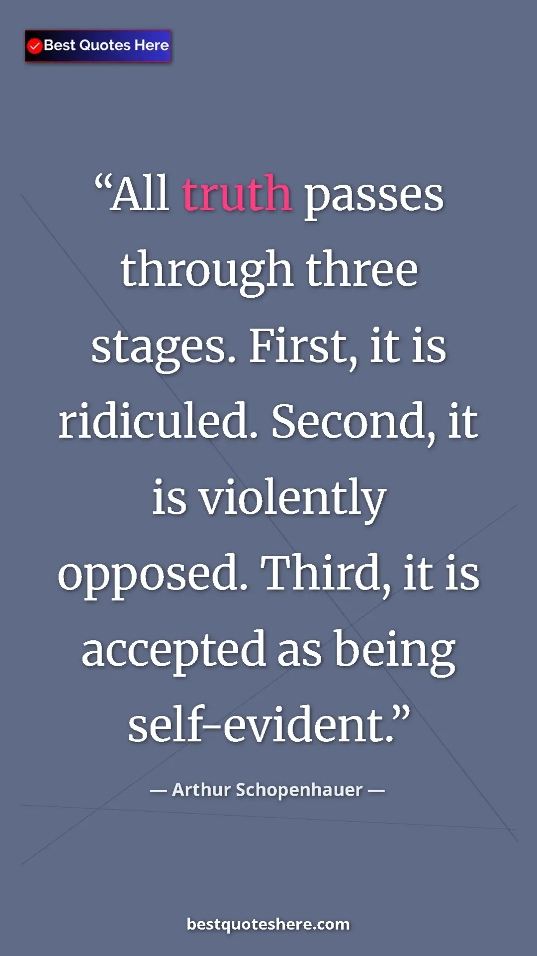 Pinterest quote poster by Arthur Schopenhauer: "All truth passes through three stages. First, it is..."