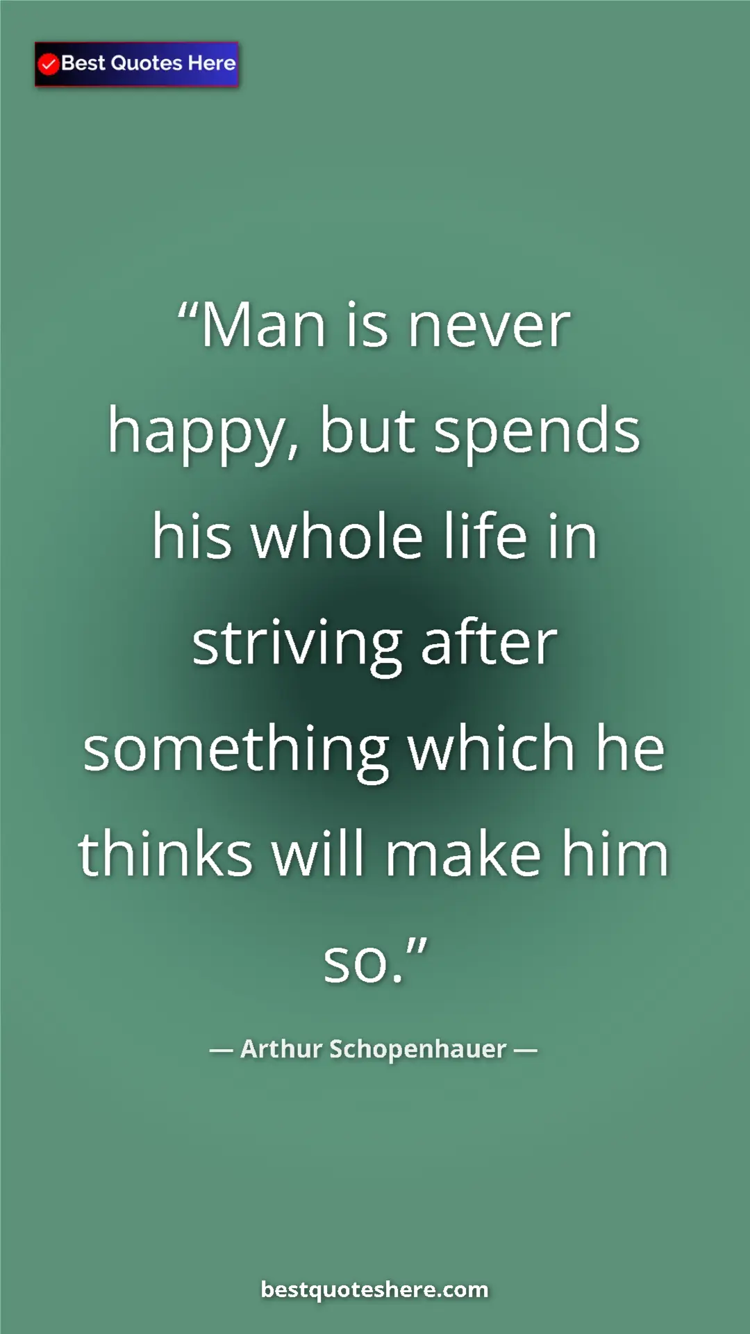 Pinterest quote poster by Arthur Schopenhauer: "Man is never happy, but spends his whole life in striving..."