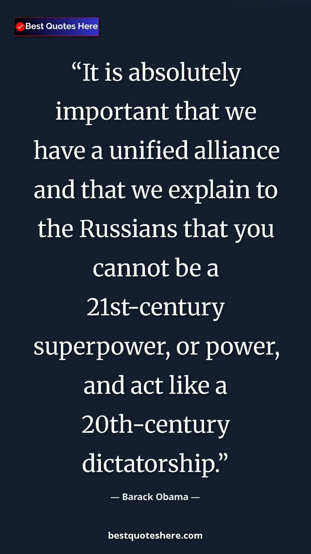 Barack Obama Quote Card: "It is absolutely important that we have a unified alliance..." Pinterest quote poster by Barack Obama: "It is absolutely important that we have a unified alliance..."