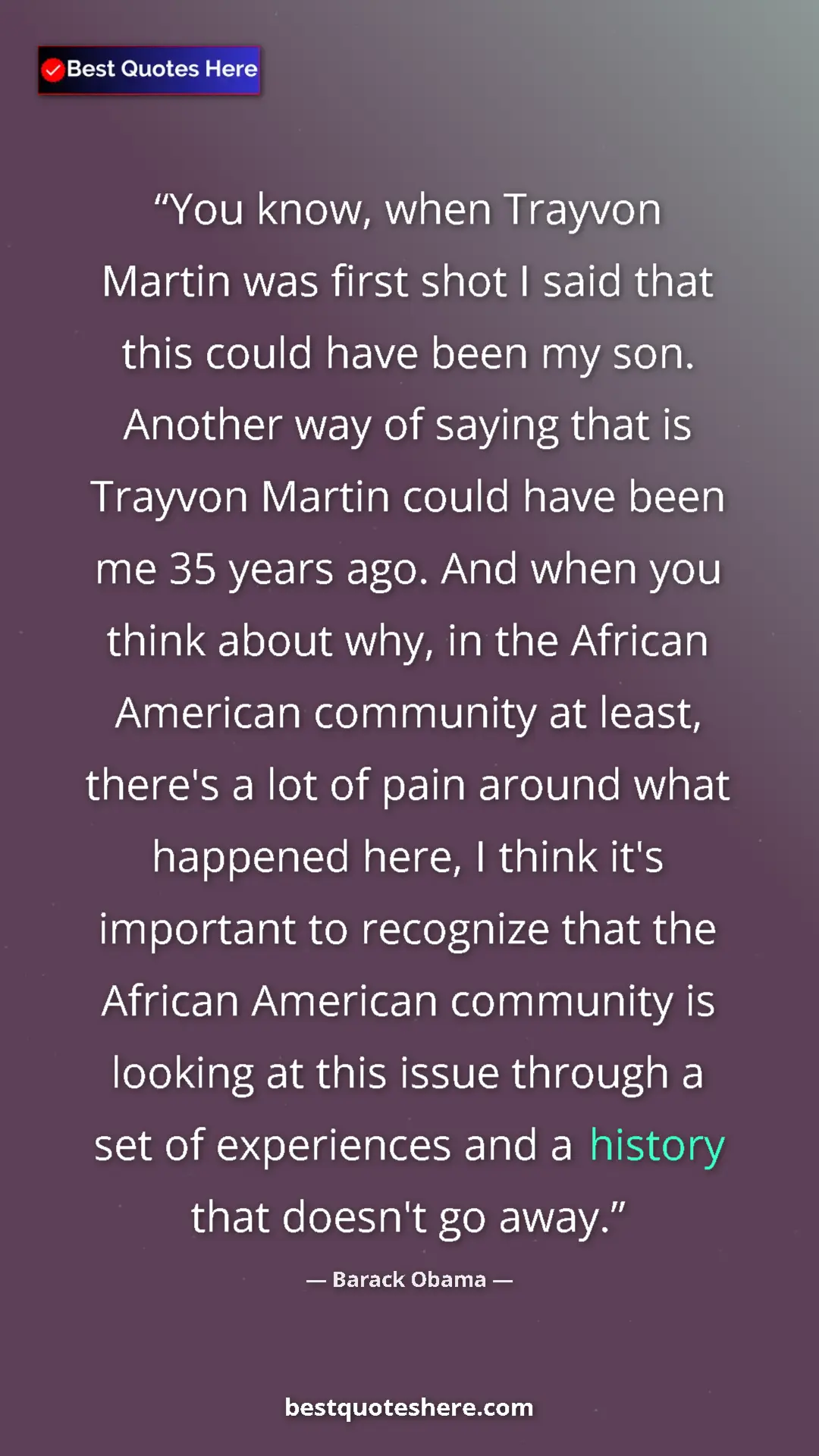 Barack Obama Quote Card: "You know, when Trayvon Martin was first shot I said that..." Pinterest quote poster by Barack Obama: "You know, when Trayvon Martin was first shot I said that..."
