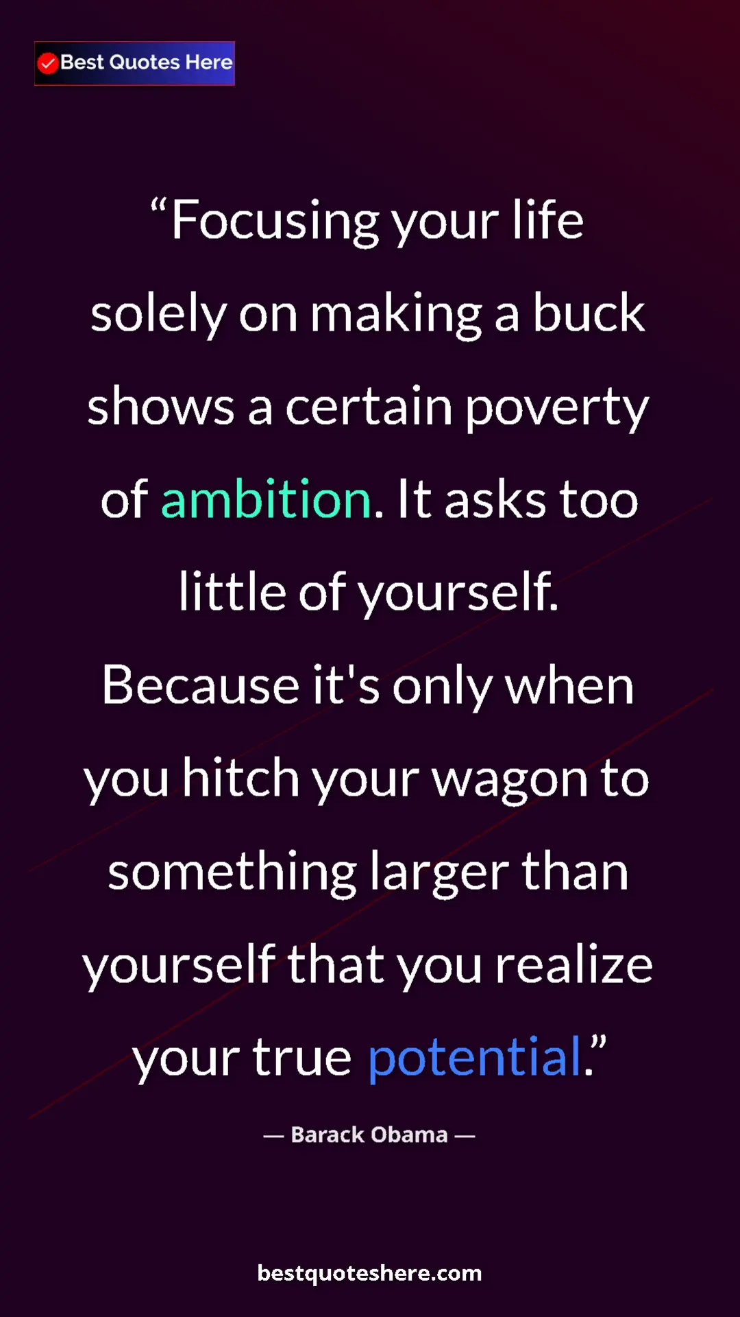 Barack Obama Quote Card: "Focusing your life solely on making a buck shows a certain..." Pinterest quote poster by Barack Obama: "Focusing your life solely on making a buck shows a certain..."