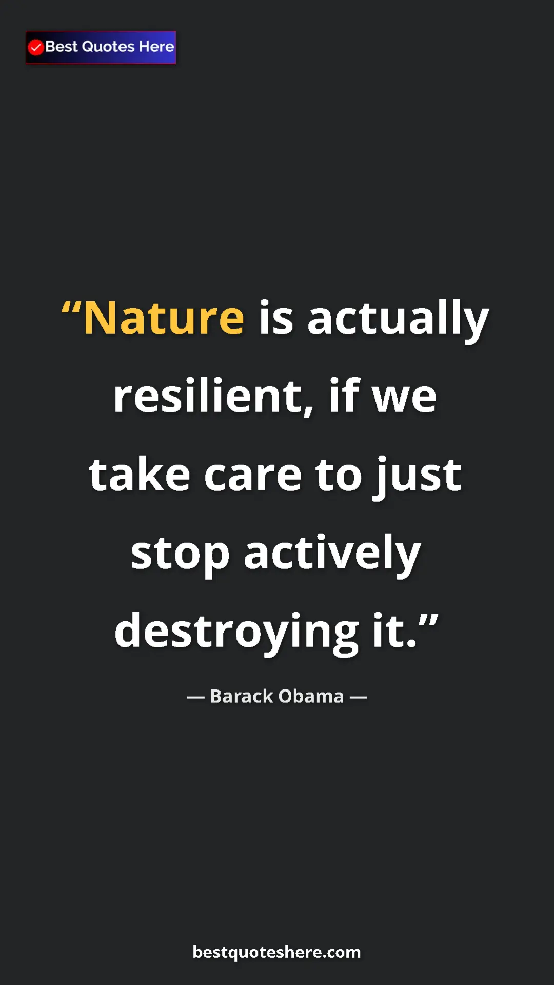 Barack Obama Quote Card: "Nature is actually resilient, if we take care to just stop..." Pinterest quote poster by Barack Obama: "Nature is actually resilient, if we take care to just stop..."