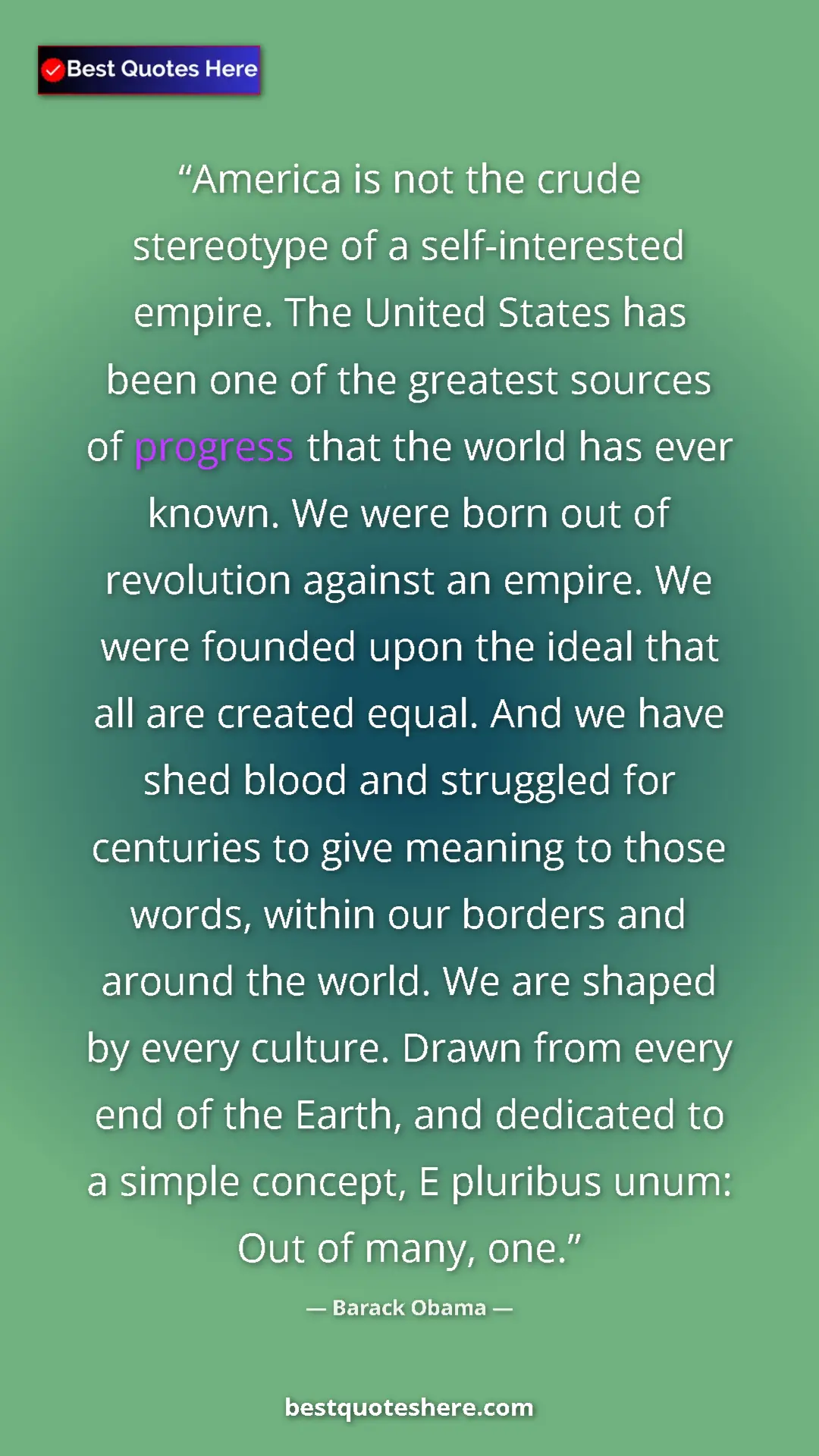 Barack Obama Quote Card: "America is not the crude stereotype of a self-interested..." Pinterest quote poster by Barack Obama: "America is not the crude stereotype of a self-interested..."