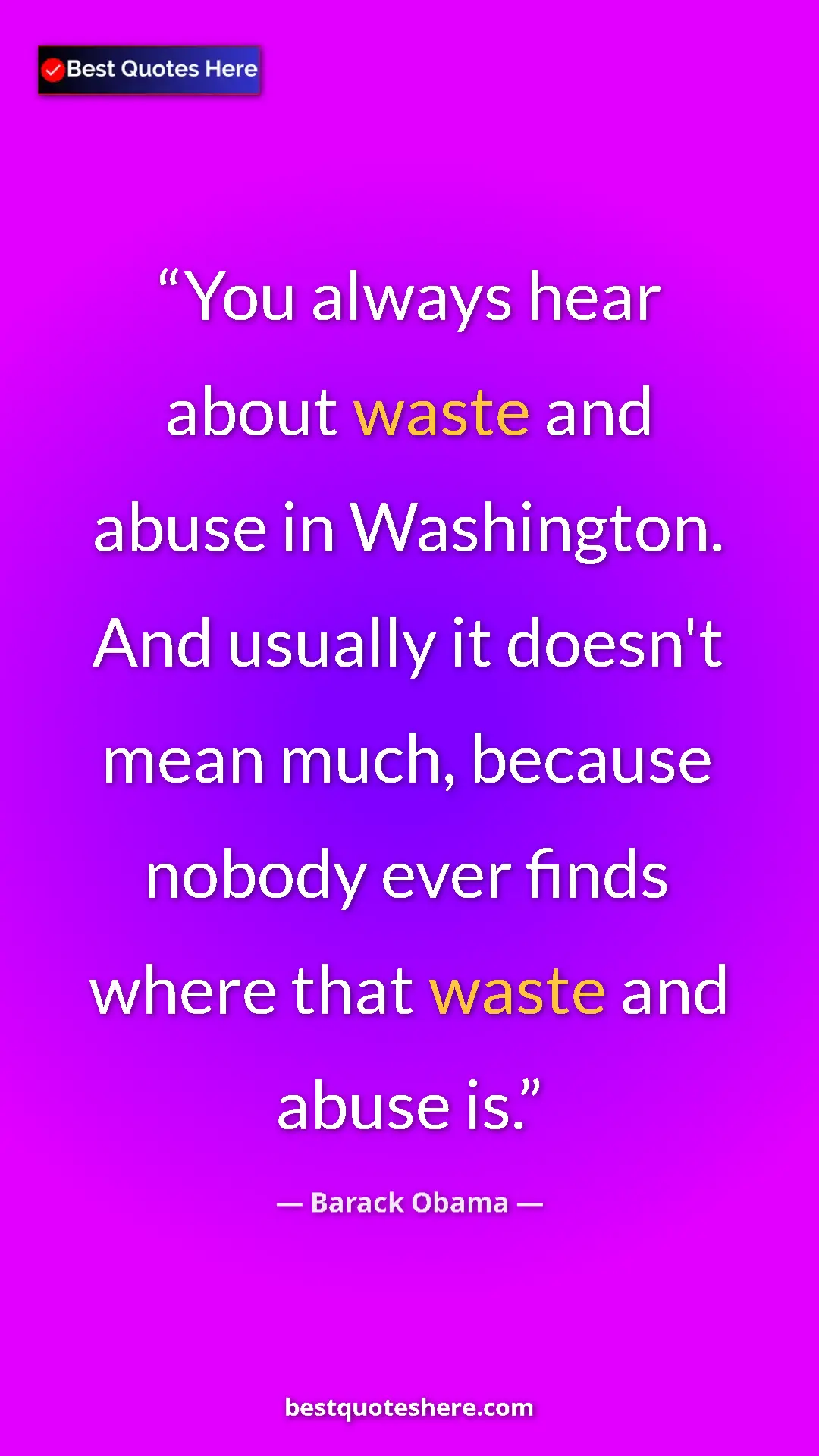 Barack Obama Quote Card: "You always hear about waste and abuse in Washington. And..." Pinterest quote poster by Barack Obama: "You always hear about waste and abuse in Washington. And..."