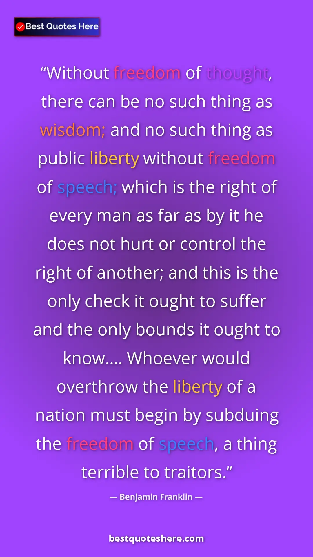 Pinterest quote poster by Benjamin Franklin: "Without freedom of thought, there can be no such thing as..."