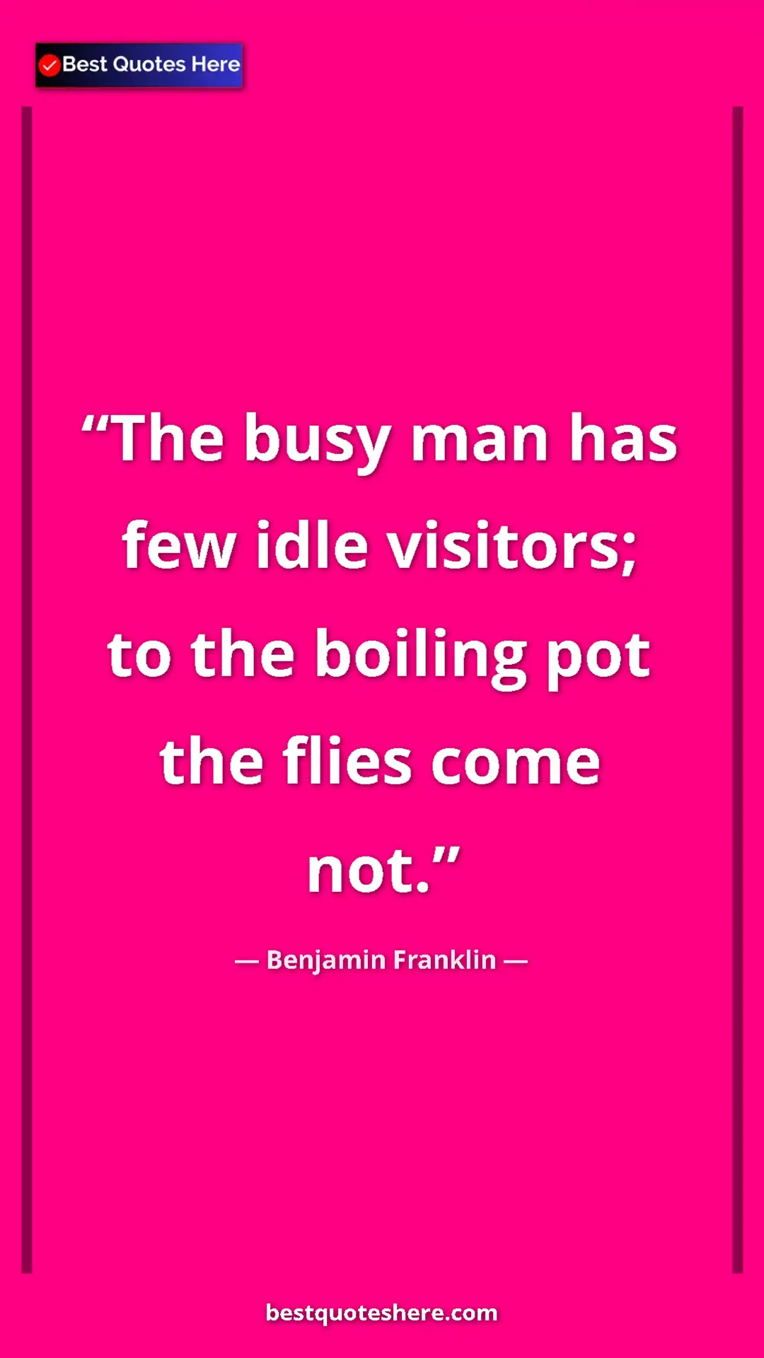 Benjamin Franklin Quote Card: "The busy man has few idle visitors; to the boiling pot the..." Pinterest quote poster by Benjamin Franklin: "The busy man has few idle visitors; to the boiling pot the..."