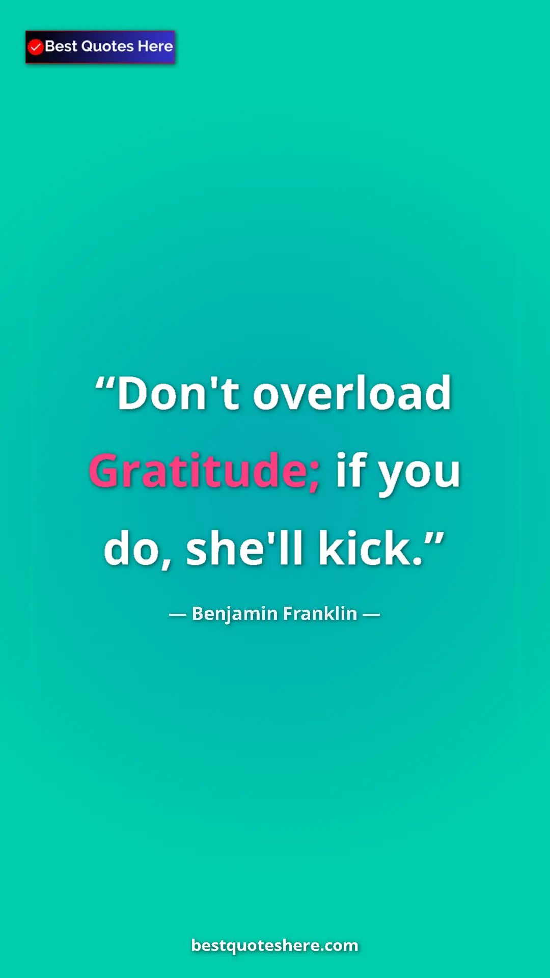 Pinterest quote poster by Benjamin Franklin: "Don't overload Gratitude; if you do, she'll kick."