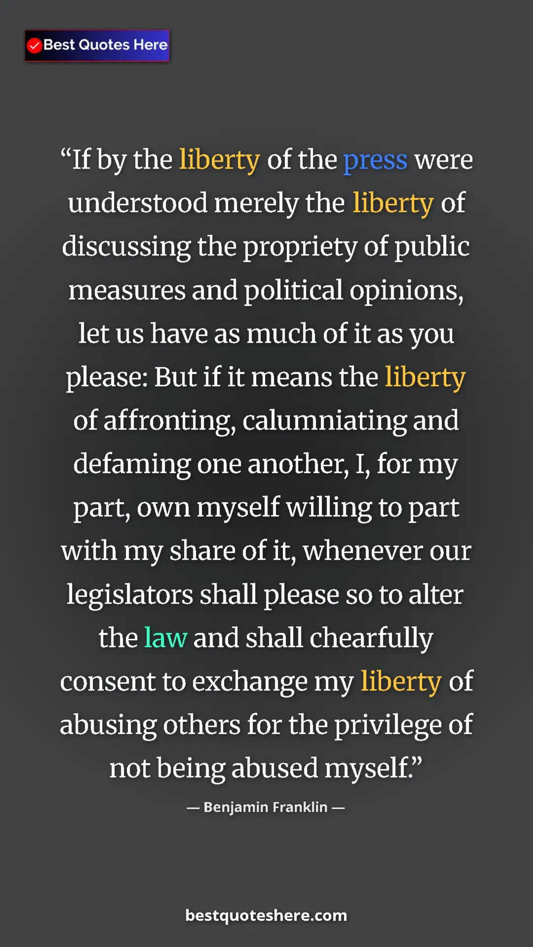 Benjamin Franklin Quote Card: "If by the liberty of the press were understood merely the..." Pinterest quote poster by Benjamin Franklin: "If by the liberty of the press were understood merely the..."