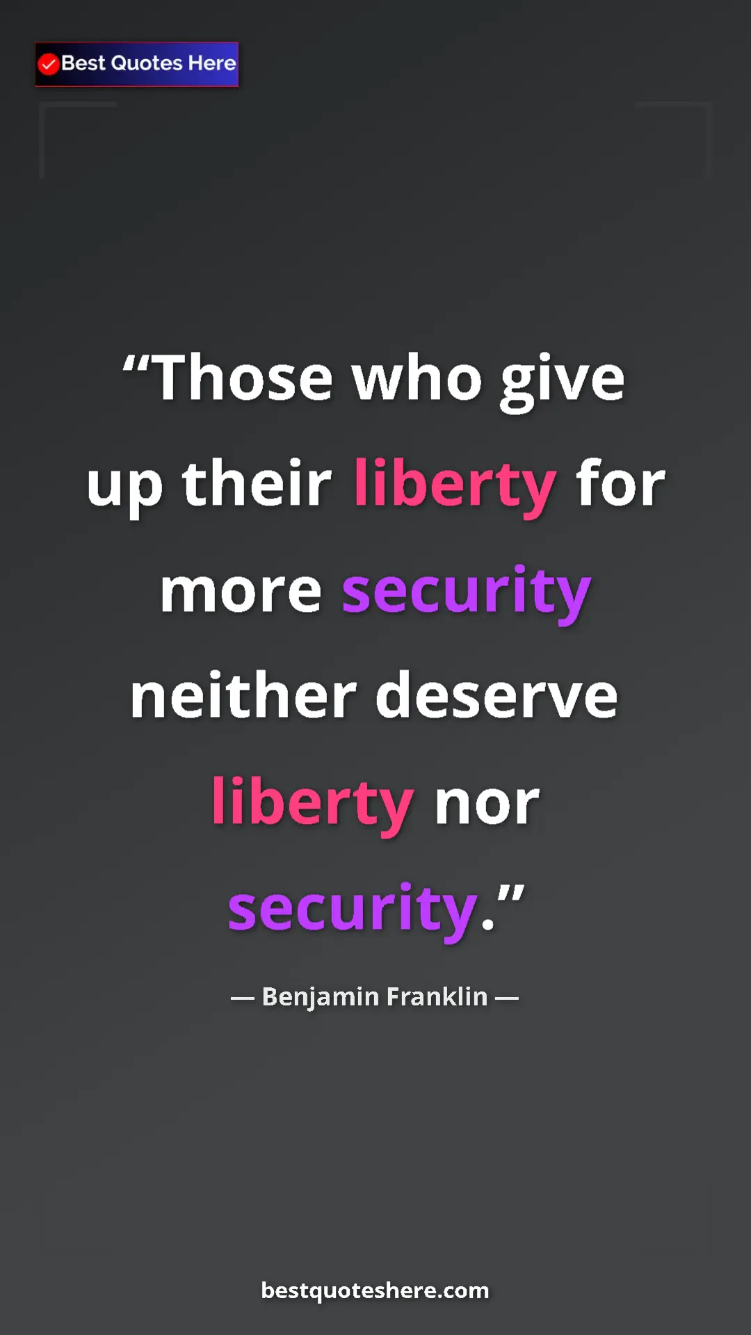 Benjamin Franklin Quote Card: "Those who give up their liberty for more security neither..." Pinterest quote poster by Benjamin Franklin: "Those who give up their liberty for more security neither..."
