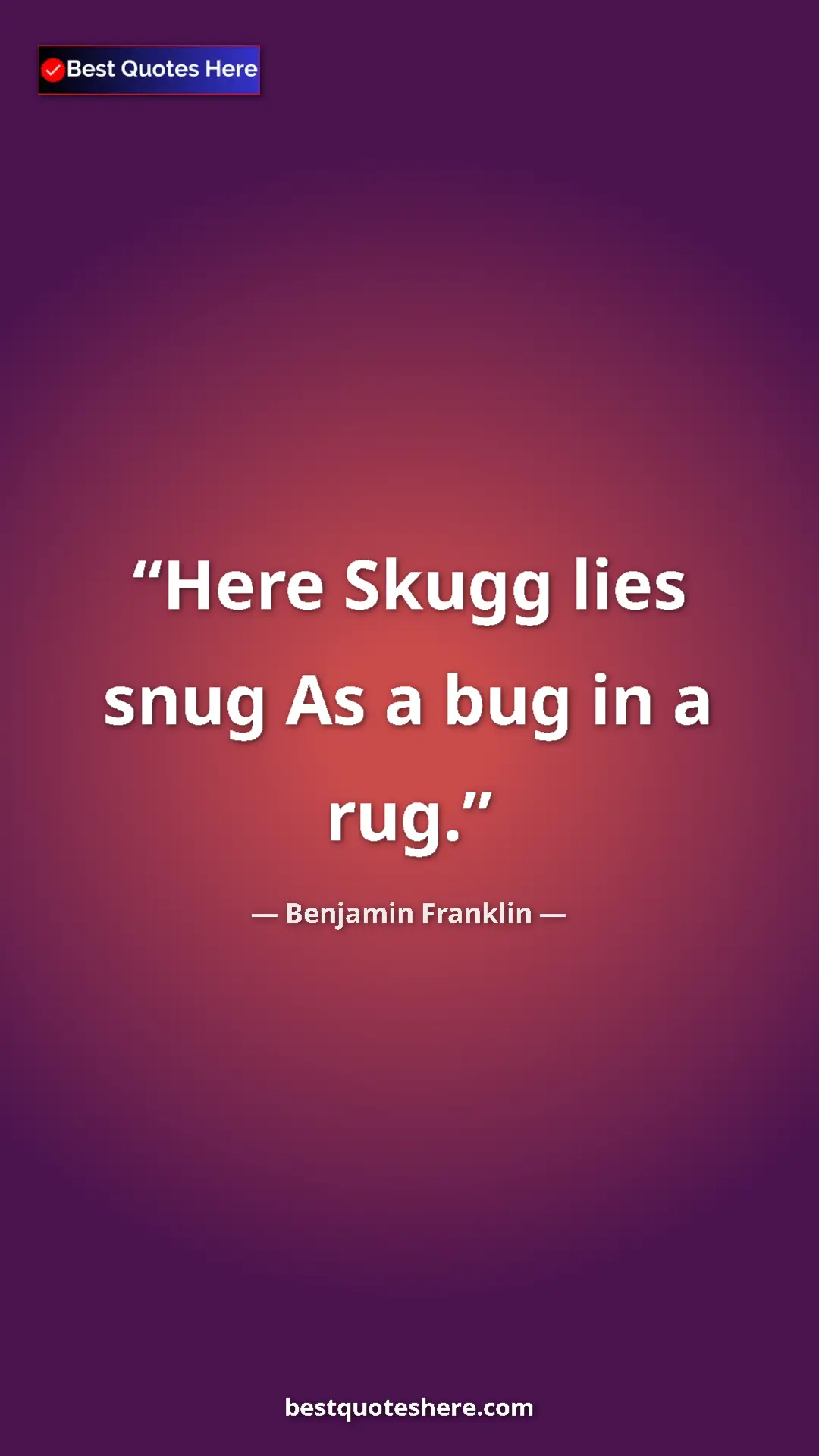 Benjamin Franklin Quote Card: "Here Skugg lies snug As a bug in a rug." Pinterest quote poster by Benjamin Franklin: "Here Skugg lies snug As a bug in a rug."