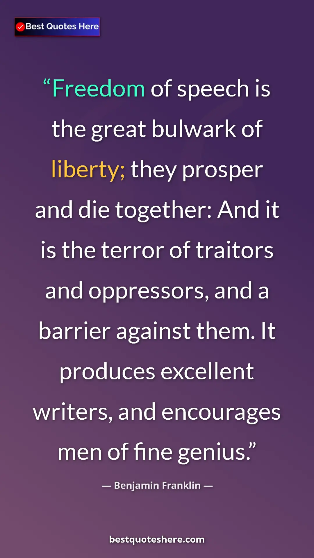 Benjamin Franklin Quote Card: "Freedom of speech is the great bulwark of liberty; they..." Pinterest quote poster by Benjamin Franklin: "Freedom of speech is the great bulwark of liberty; they..."