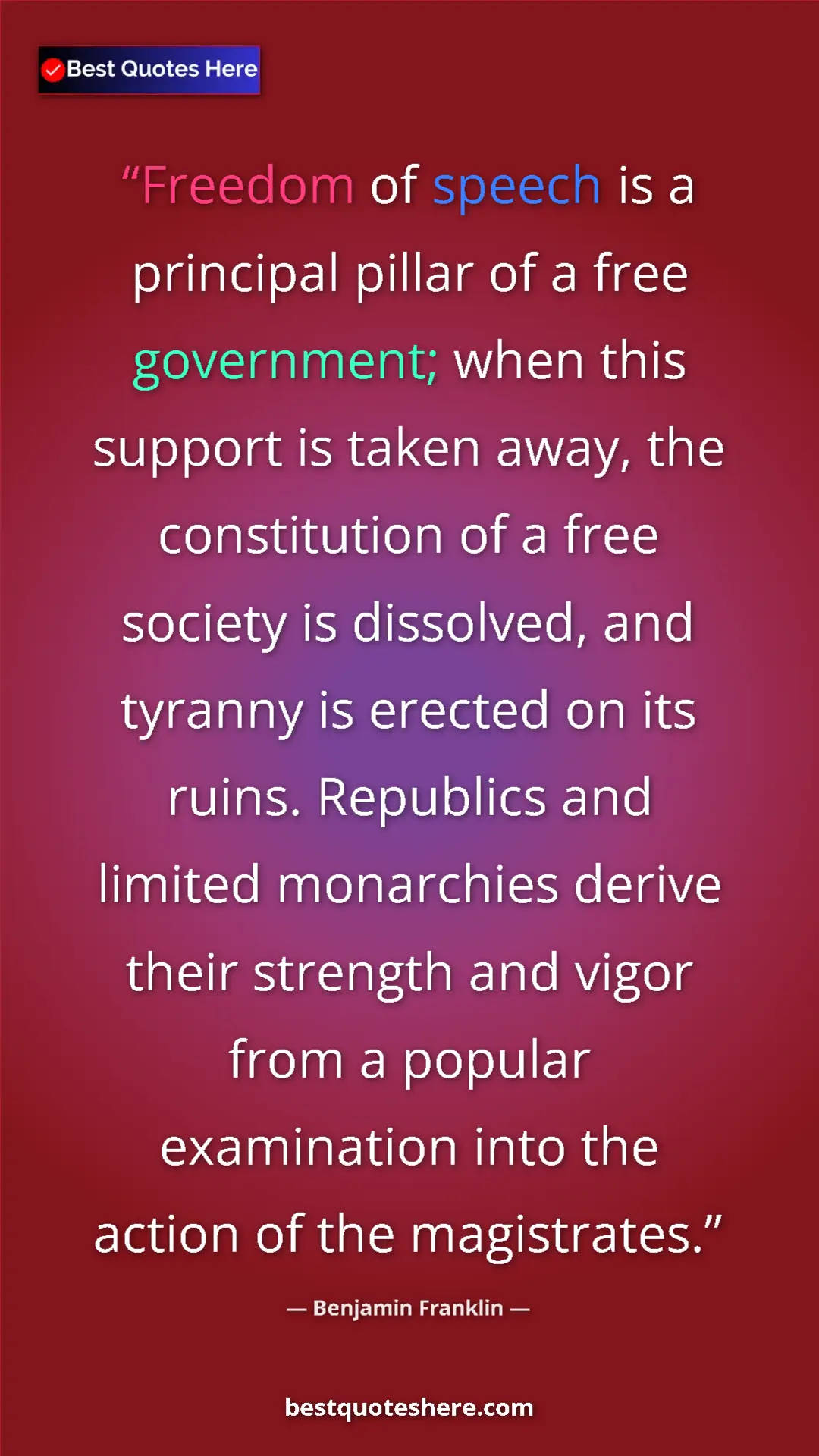 Benjamin Franklin Quote Card: "Freedom of speech is a principal pillar of a free..." Pinterest quote poster by Benjamin Franklin: "Freedom of speech is a principal pillar of a free..."