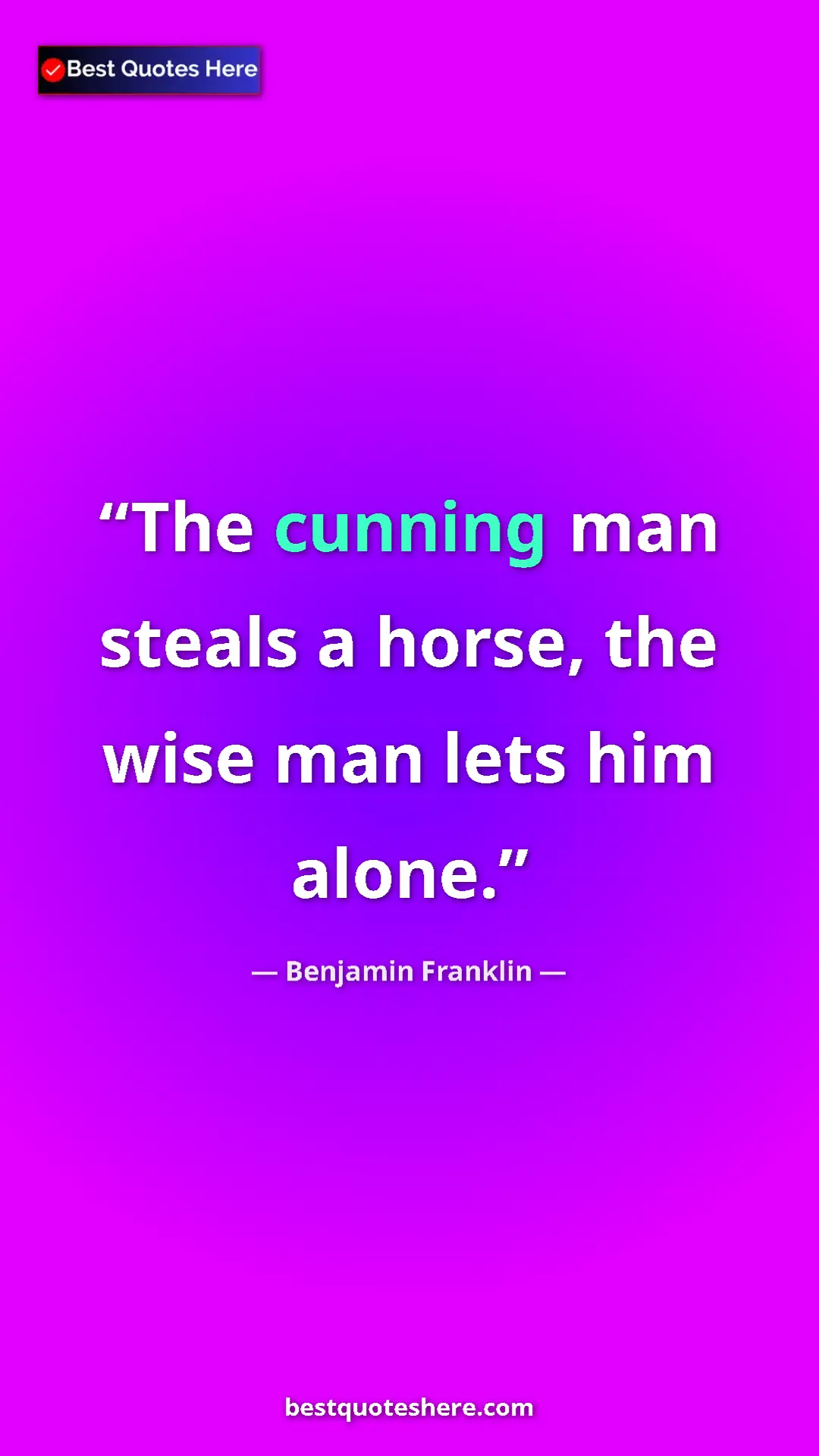 Benjamin Franklin Quote Card: "The cunning man steals a horse, the wise man lets him alone." Pinterest quote poster by Benjamin Franklin: "The cunning man steals a horse, the wise man lets him alone."