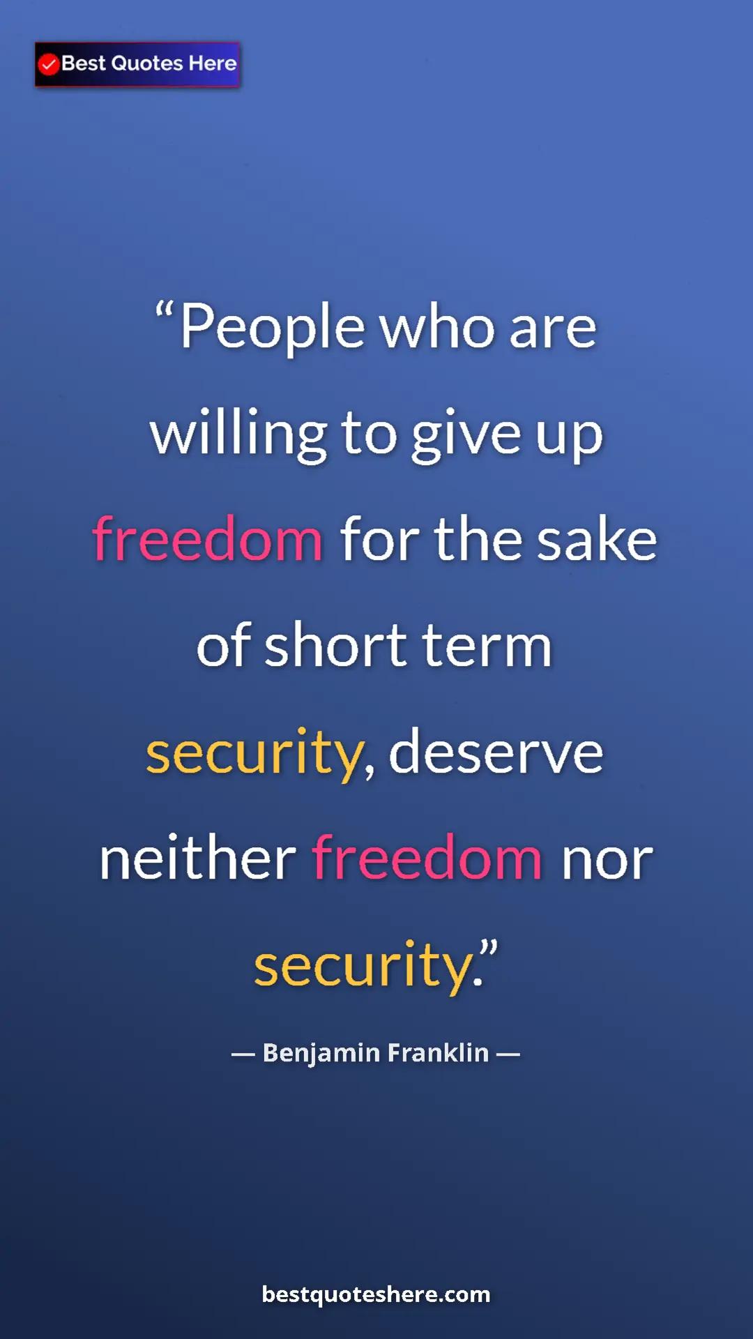Benjamin Franklin Quote Card: "People who are willing to give up freedom for the sake of..." Pinterest quote poster by Benjamin Franklin: "People who are willing to give up freedom for the sake of..."