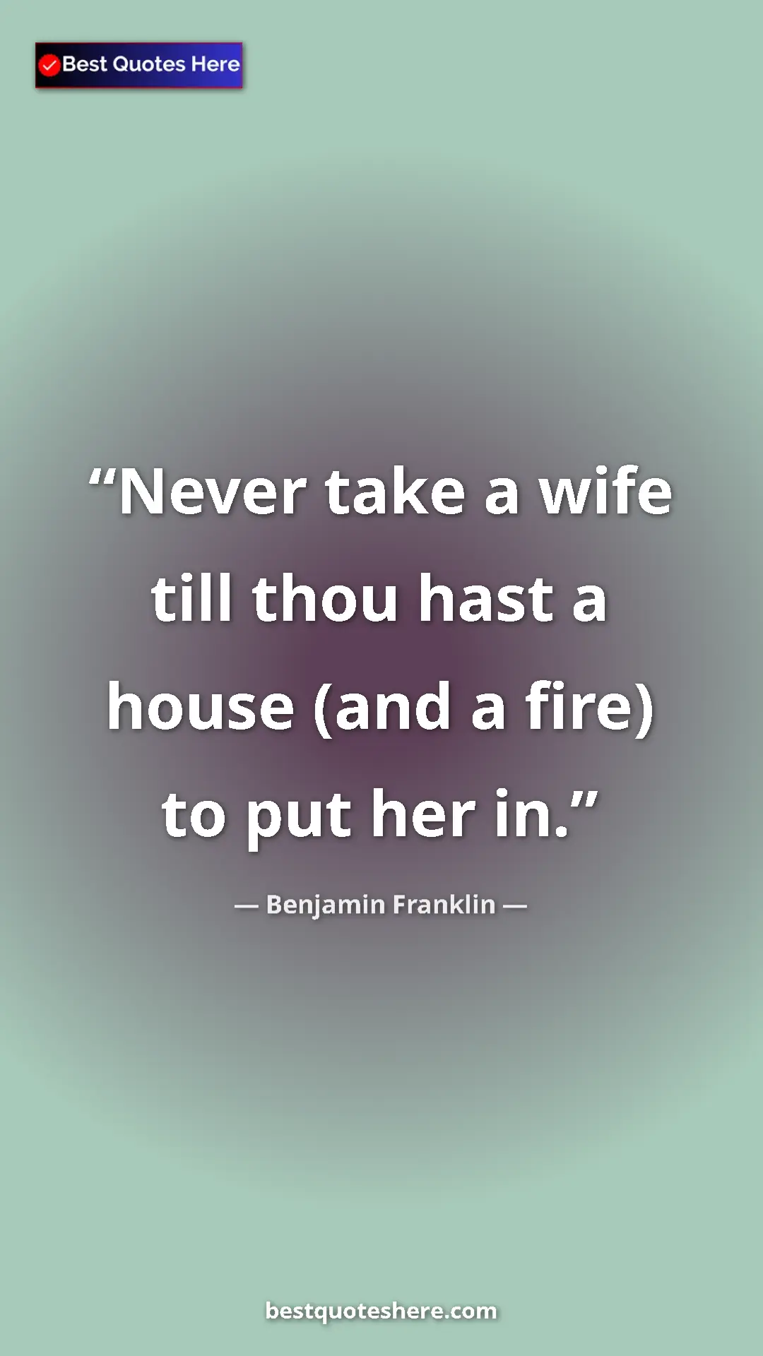 Pinterest quote poster by Benjamin Franklin: "Never take a wife till thou hast a house (and a fire) to..."