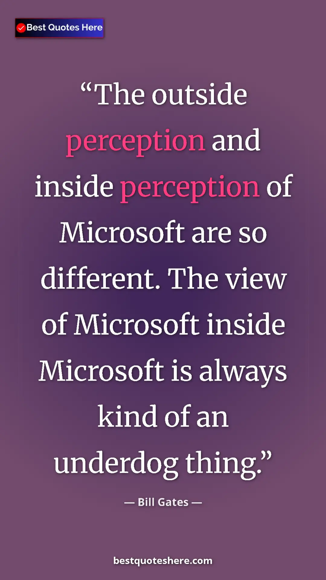 Bill Gates Quote Card: "The outside perception and inside perception of Microsoft..." Pinterest quote poster by Bill Gates: "The outside perception and inside perception of Microsoft..."
